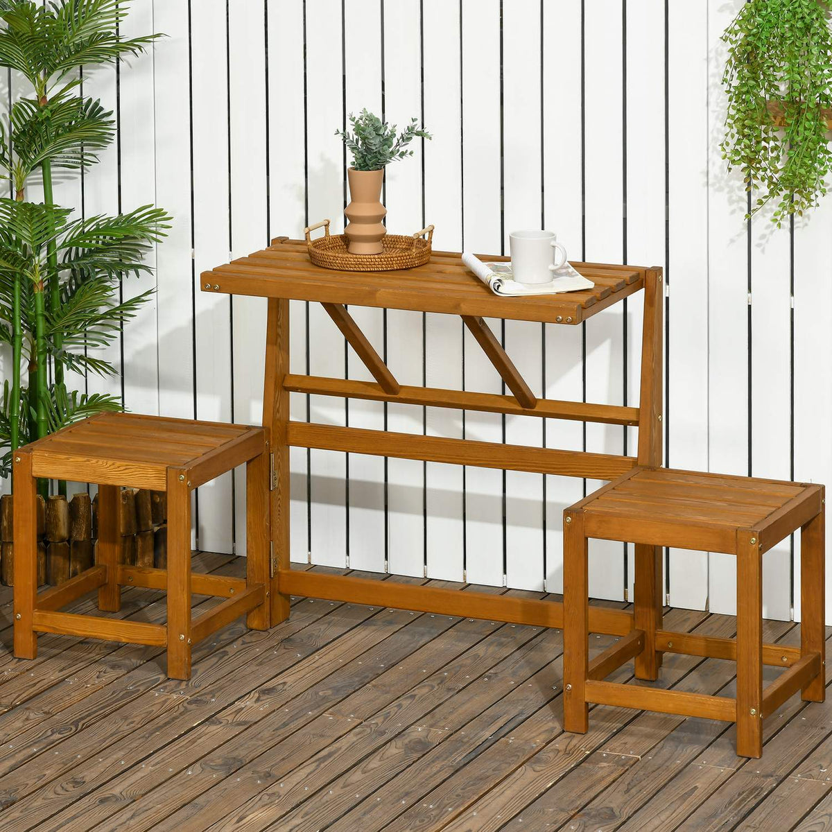 Garden bench for 2 people, 2-in-1 combination with table and 2 stools, weatherproof larch wood in teak look