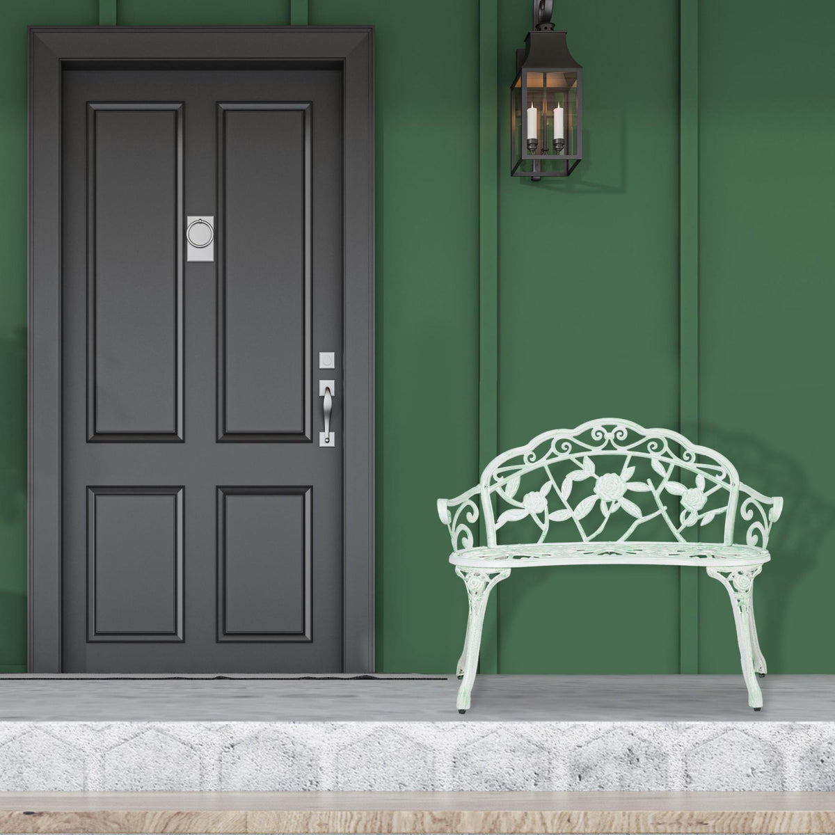 Garden bench greenish white with roses