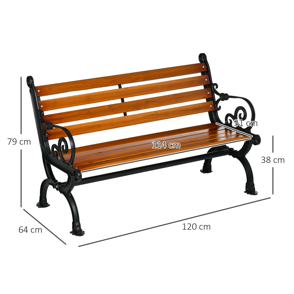 Garden bench, park bench, bench for 2 people, balcony bench with armrests, for garden, balcony, weatherproof, wood, 120 x 64 x 79 cm, teak
