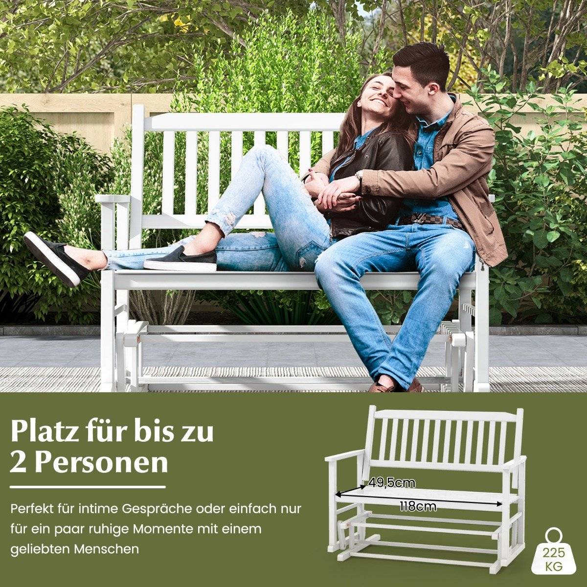 Garden bench with gentle gliding movement. Weatherproof swing bench can hold up to 225 kg