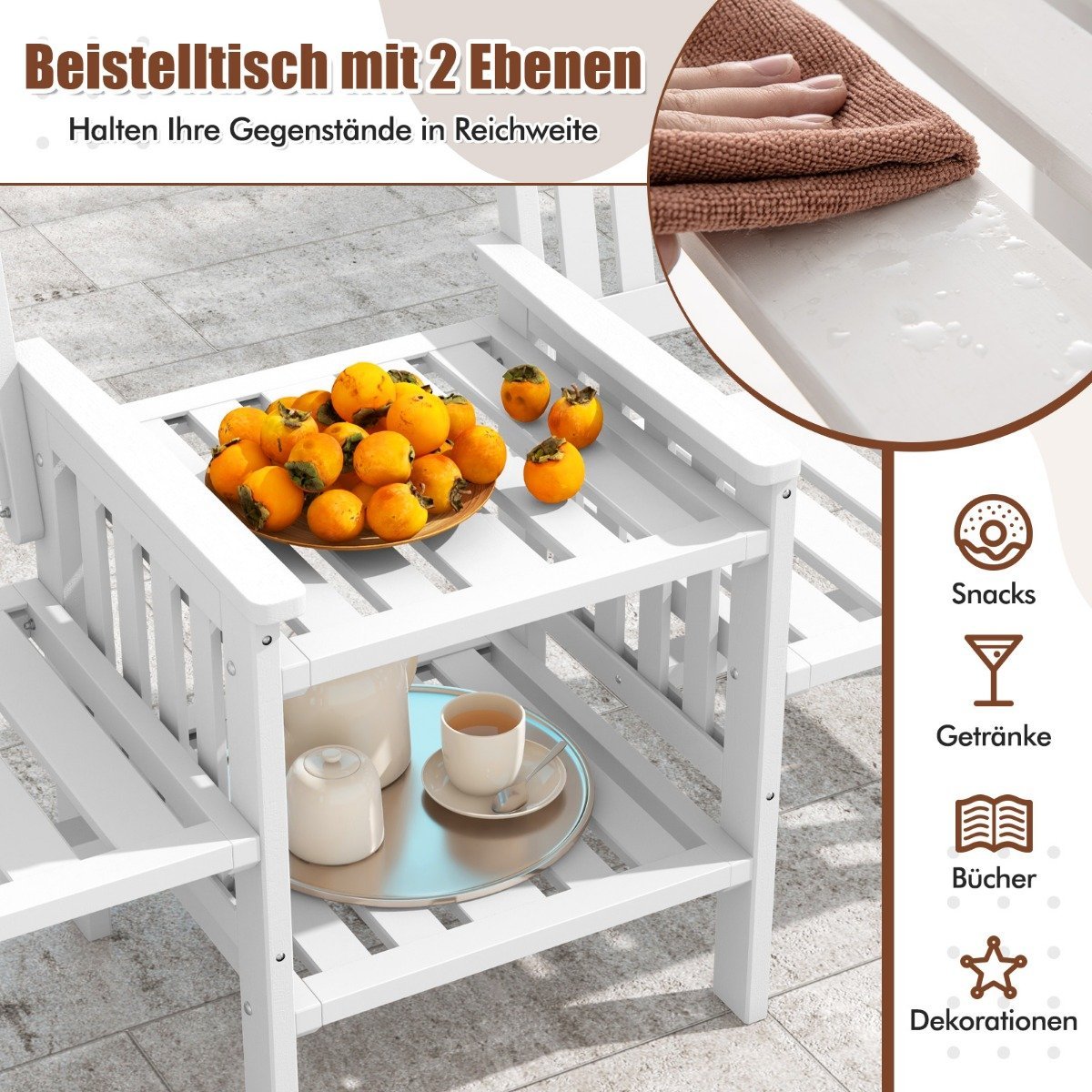 Garden bench with table 2-seater bench with 5 cm umbrella hole wooden bench made of fir wood up to 330 kg 165 x 60 x 88 cm white
