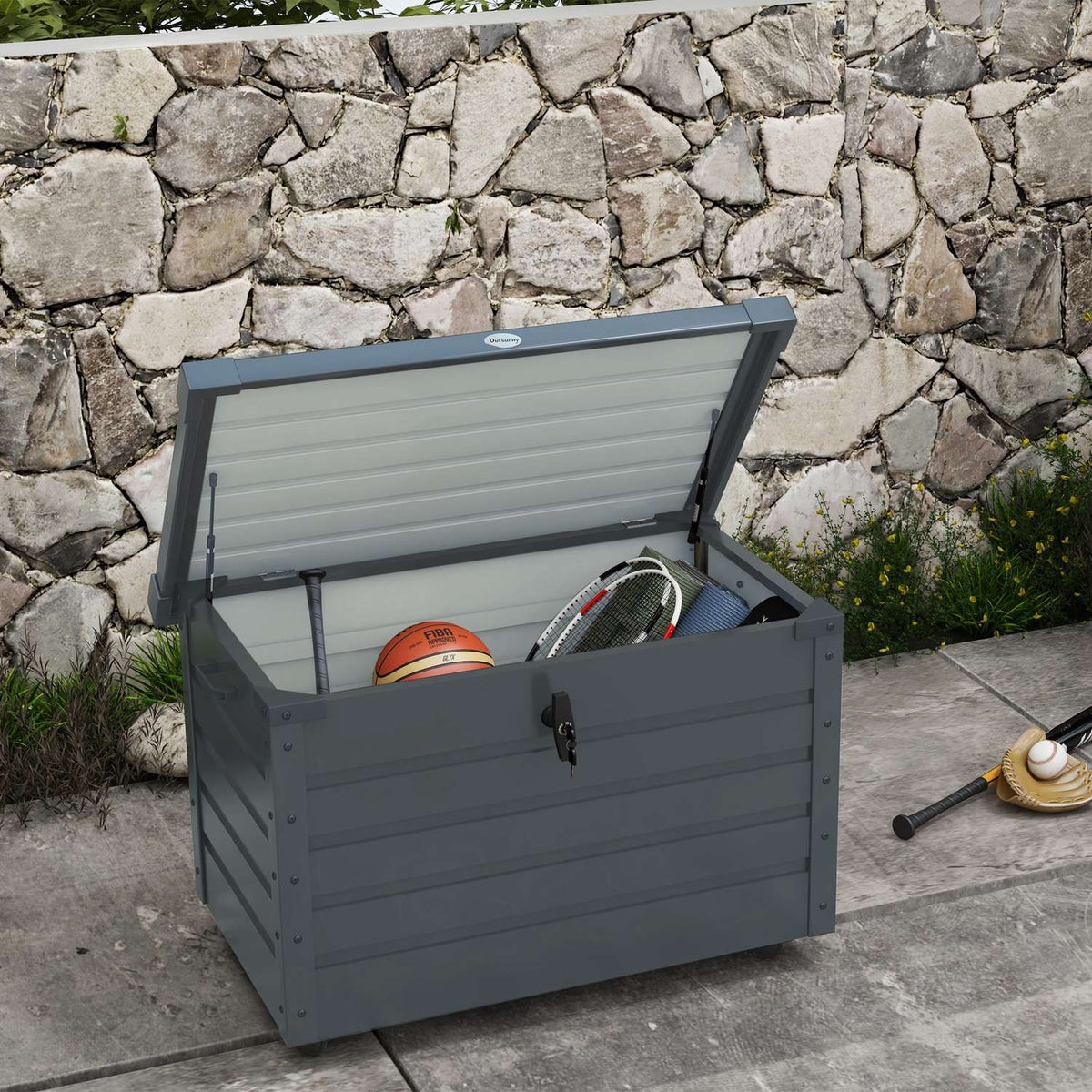 Garden box, storage box with wheels, storage box with lock, handle, garden chest for balcony, terrace 100 x 62 x 65 cm, dark gray