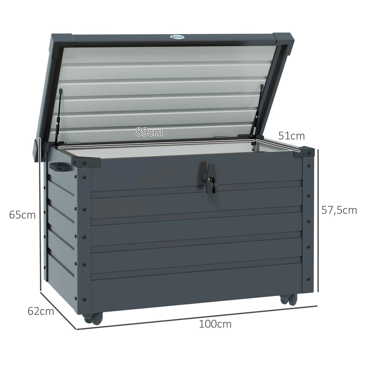 Garden box, storage box with wheels, storage box with lock, handle, garden chest for balcony, terrace 100 x 62 x 65 cm, dark gray