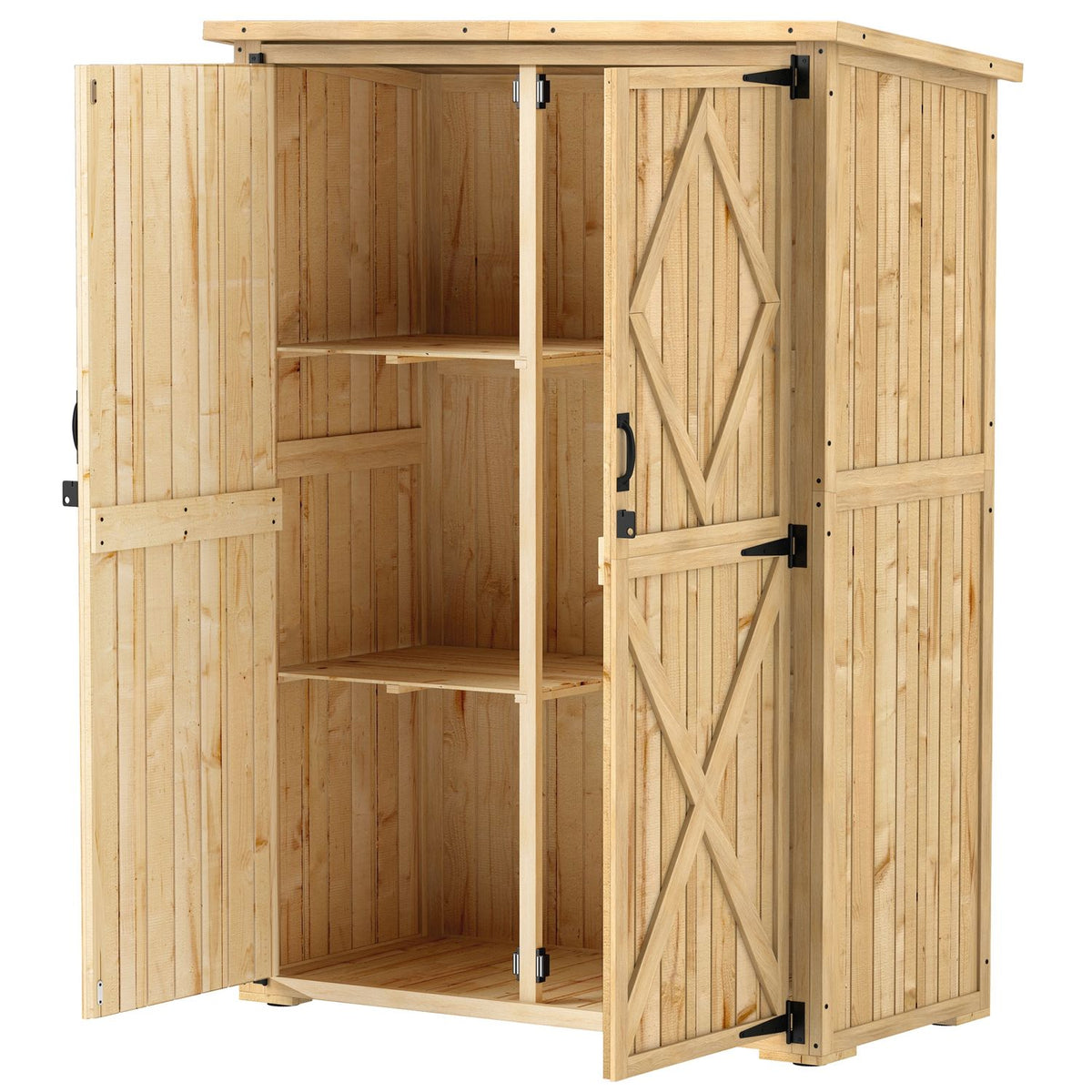Garden cabinet wooden, tool shed with lockable double door asphalt roof shelf 116.5x57x167cm, weatherproof tool cabinet, tool shed garden shed for garden, terrace, natural wood |