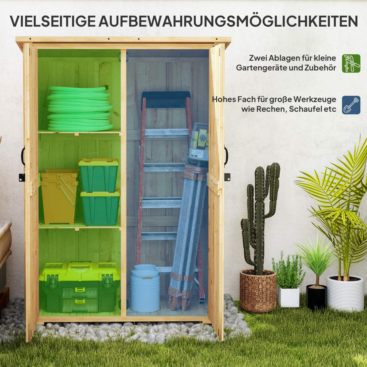 Garden cabinet wooden, tool shed with lockable double door asphalt roof shelf 116.5x57x167cm, weatherproof tool cabinet, tool shed garden shed for garden, terrace, natural wood |