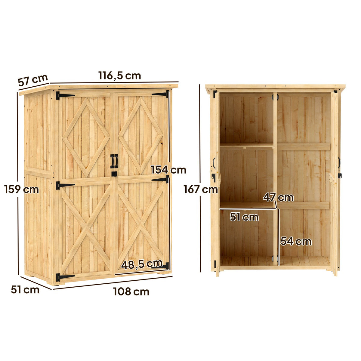 Garden cabinet wooden, tool shed with lockable double door asphalt roof shelf 116.5x57x167cm, weatherproof tool cabinet, tool shed garden shed for garden, terrace, natural wood |