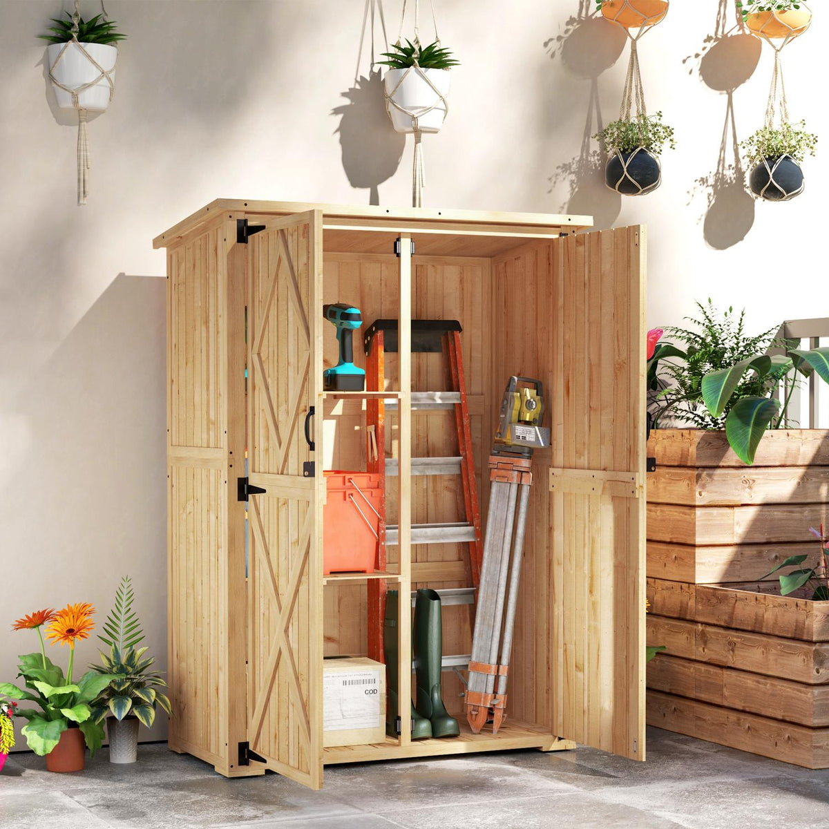 Garden cabinet wooden, tool shed with lockable double door asphalt roof shelf 116.5x57x167cm, weatherproof tool cabinet, tool shed garden shed for garden, terrace, natural wood |