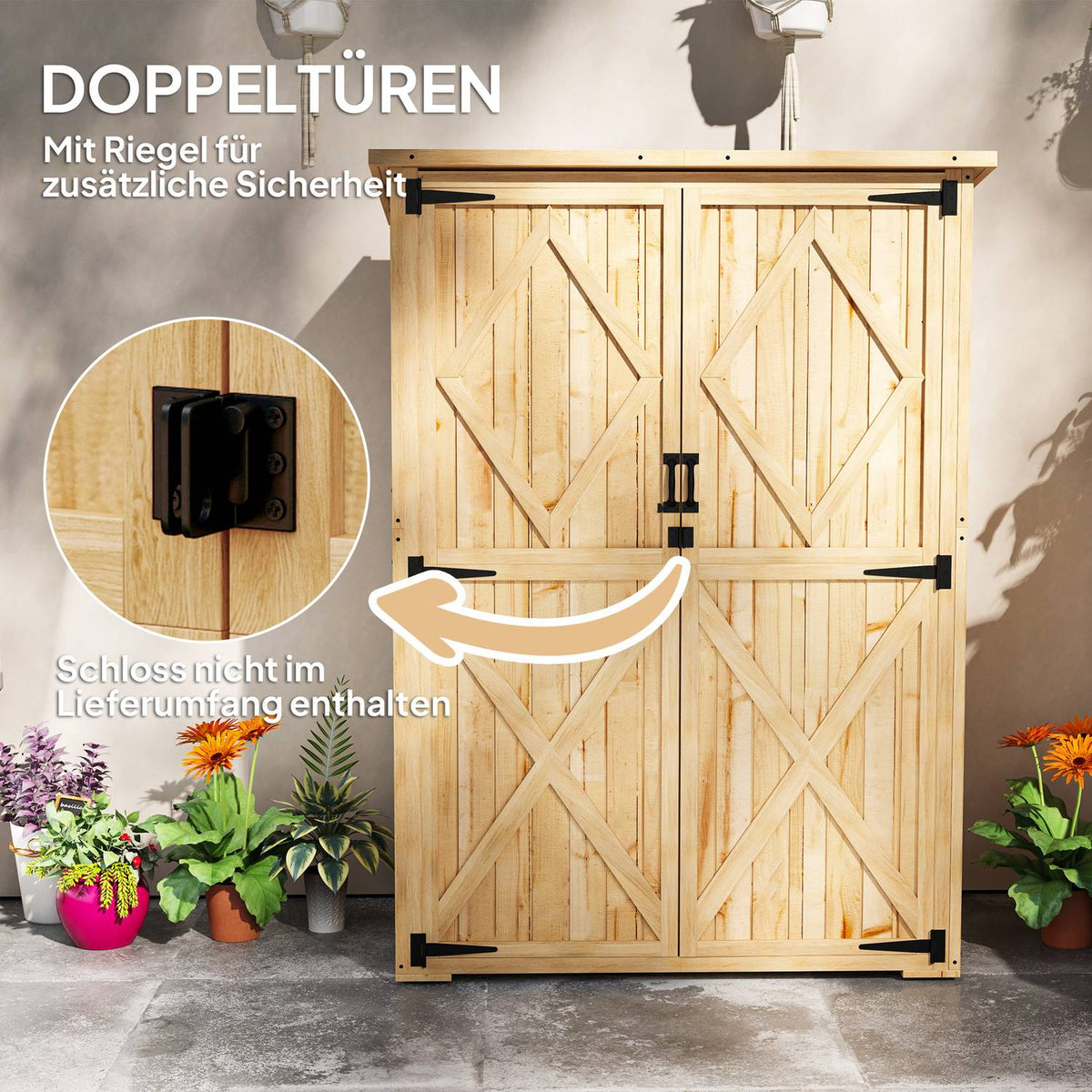 Garden cabinet wooden, tool shed with lockable double door asphalt roof shelf 116.5x57x167cm, weatherproof tool cabinet, tool shed garden shed for garden, terrace, natural wood |