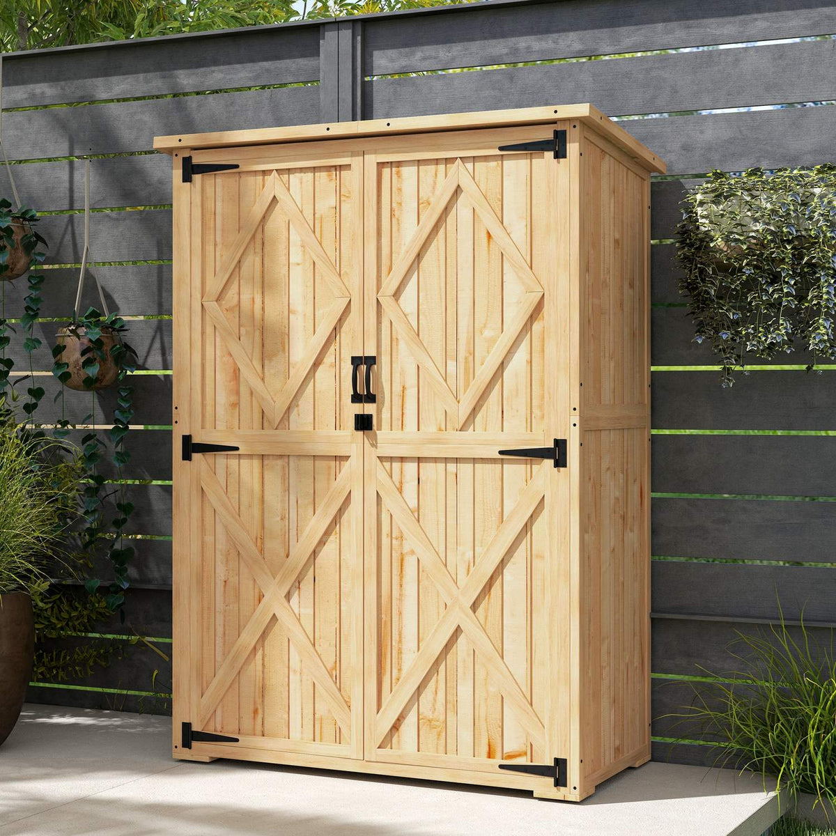 Garden cabinet wooden, tool shed with lockable double door asphalt roof shelf 116.5x57x167cm, weatherproof tool cabinet, tool shed garden shed for garden, terrace, natural wood |