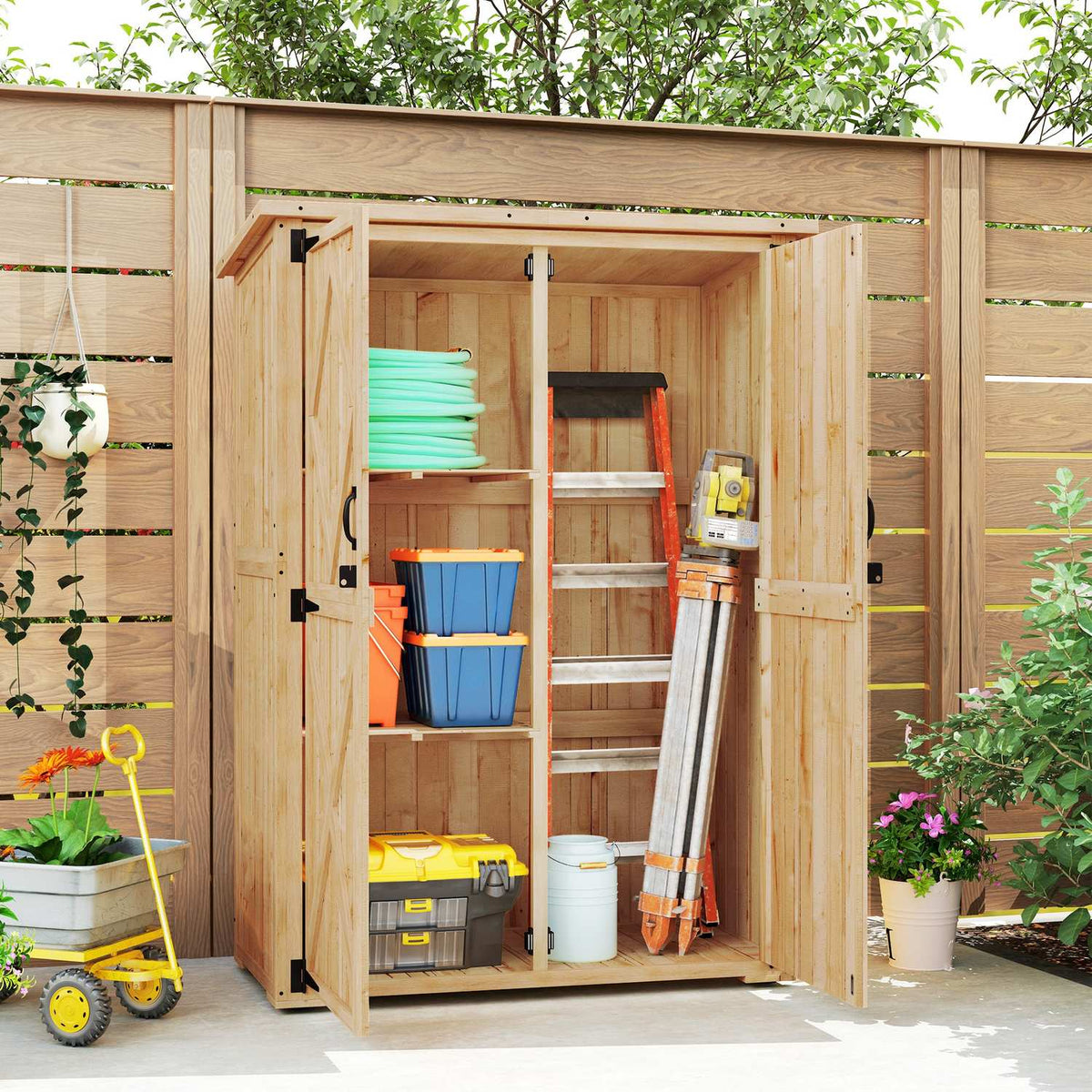 Garden cabinet wooden, tool shed with lockable double door asphalt roof shelf 116.5x57x167cm, weatherproof tool cabinet, tool shed garden shed for garden, terrace, natural wood |