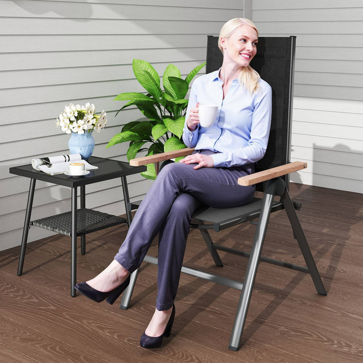 Garden chair made of steel, folding chair with armrests, foldable balcony chair, camping chair, 120 kg load capacity, high-back patio chair for garden, balcony, 60 x 73 x 108 cm, black