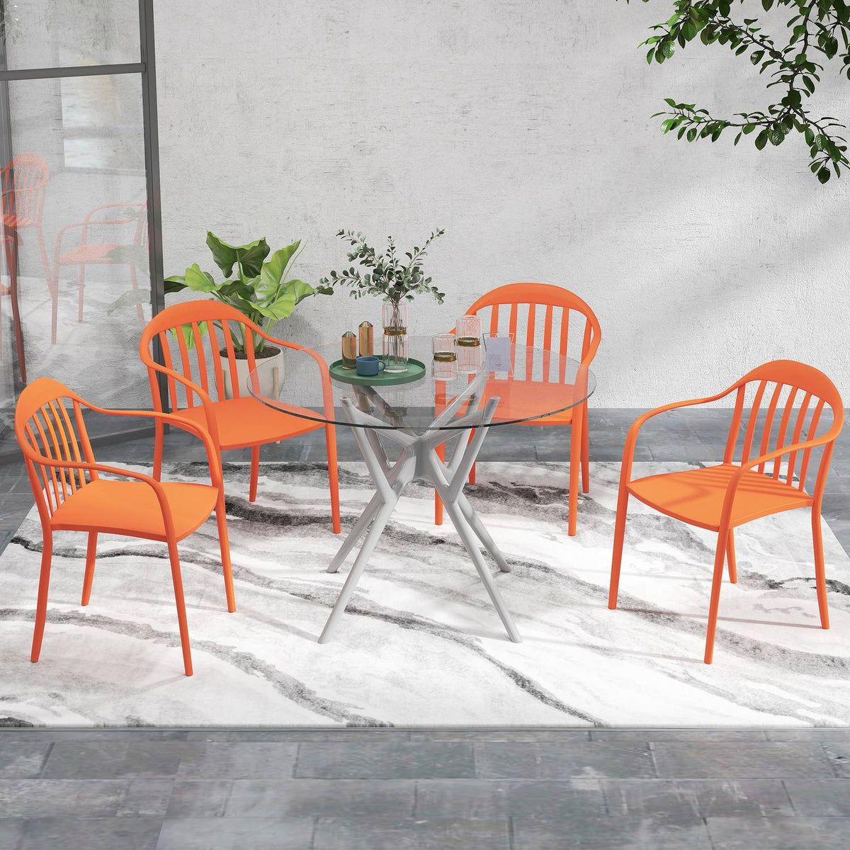 Garden chair set of 4 weatherproof garden chairs made of plastic stackable chair with armrests backrest stackable patio chair loadable up to 120 kg garden furniture for backyard, garden, balcony red |