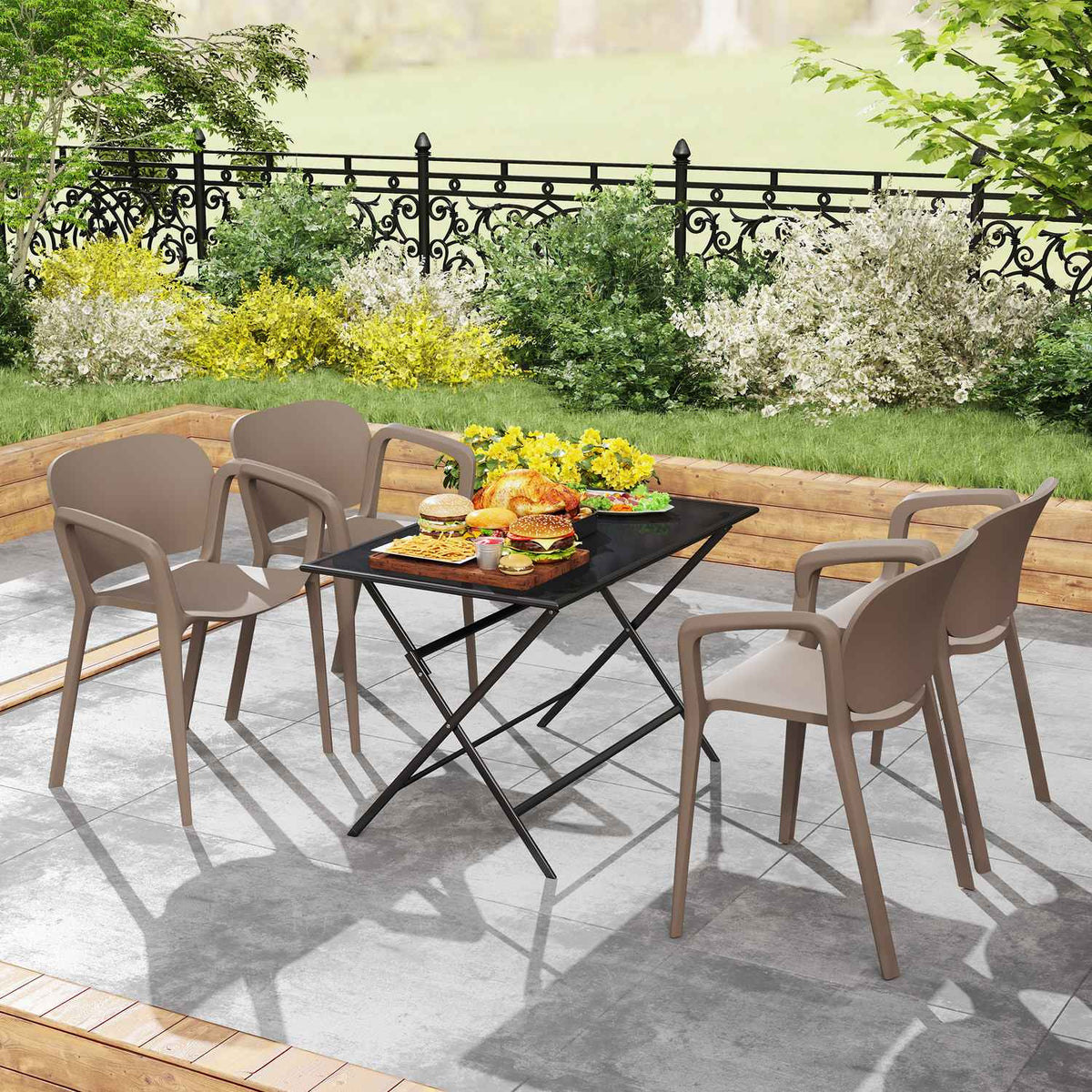 Garden chair set of 4 weatherproof garden chairs made of plastic stacking chair with armrest backrest stackable patio chair load capacity up to 120 kg garden furniture for backyard, garden, balcony gray