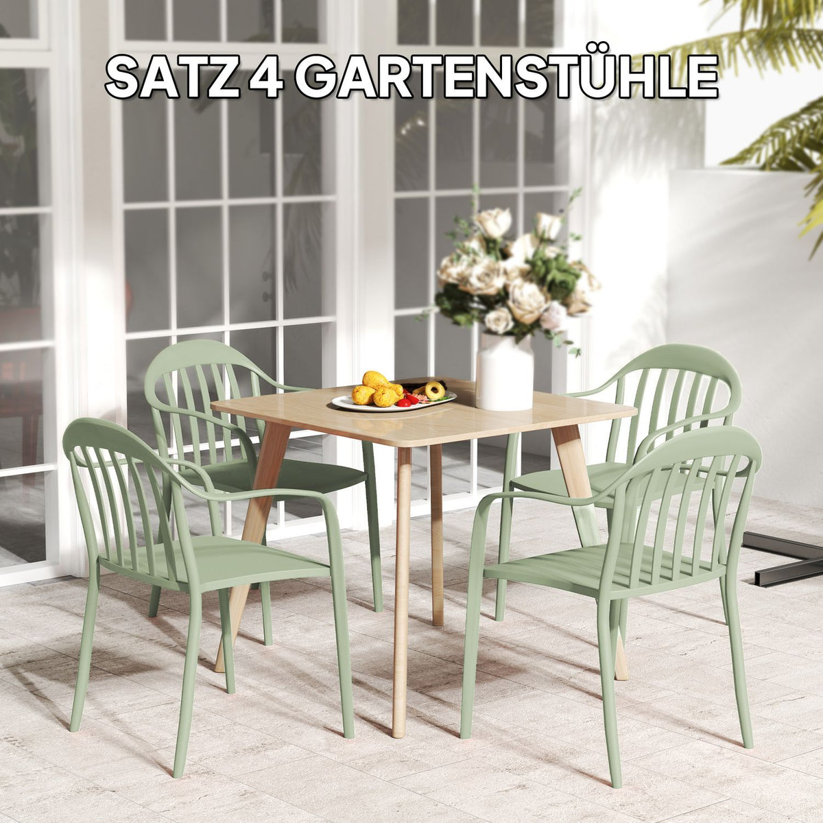 Garden chair set of 4 weatherproof garden chairs made of plastic stacking chair with armrest backrest stackable patio chair load capacity up to 120 kg garden furniture for backyard, garden, balcony green