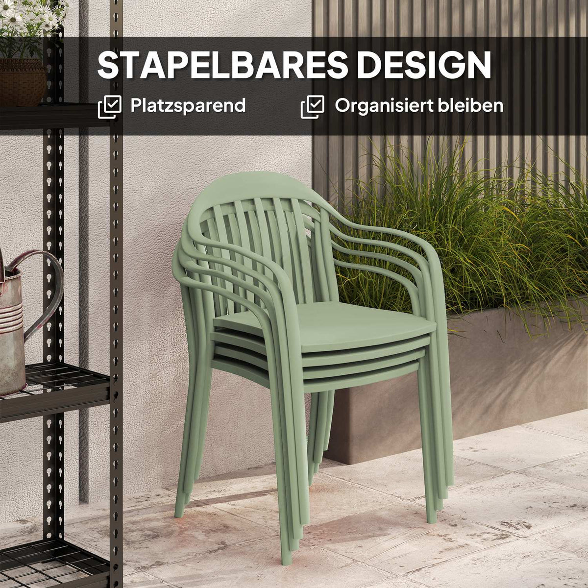 Garden chair set of 4 weatherproof garden chairs made of plastic stacking chair with armrest backrest stackable patio chair load capacity up to 120 kg garden furniture for backyard, garden, balcony green