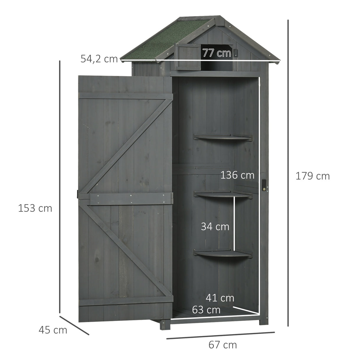 Garden cupboard, garden shed, tool shed, tool shed with shelves, asphalt roof, window, wood, grey+green, 77 x 54.2 x 179 cm