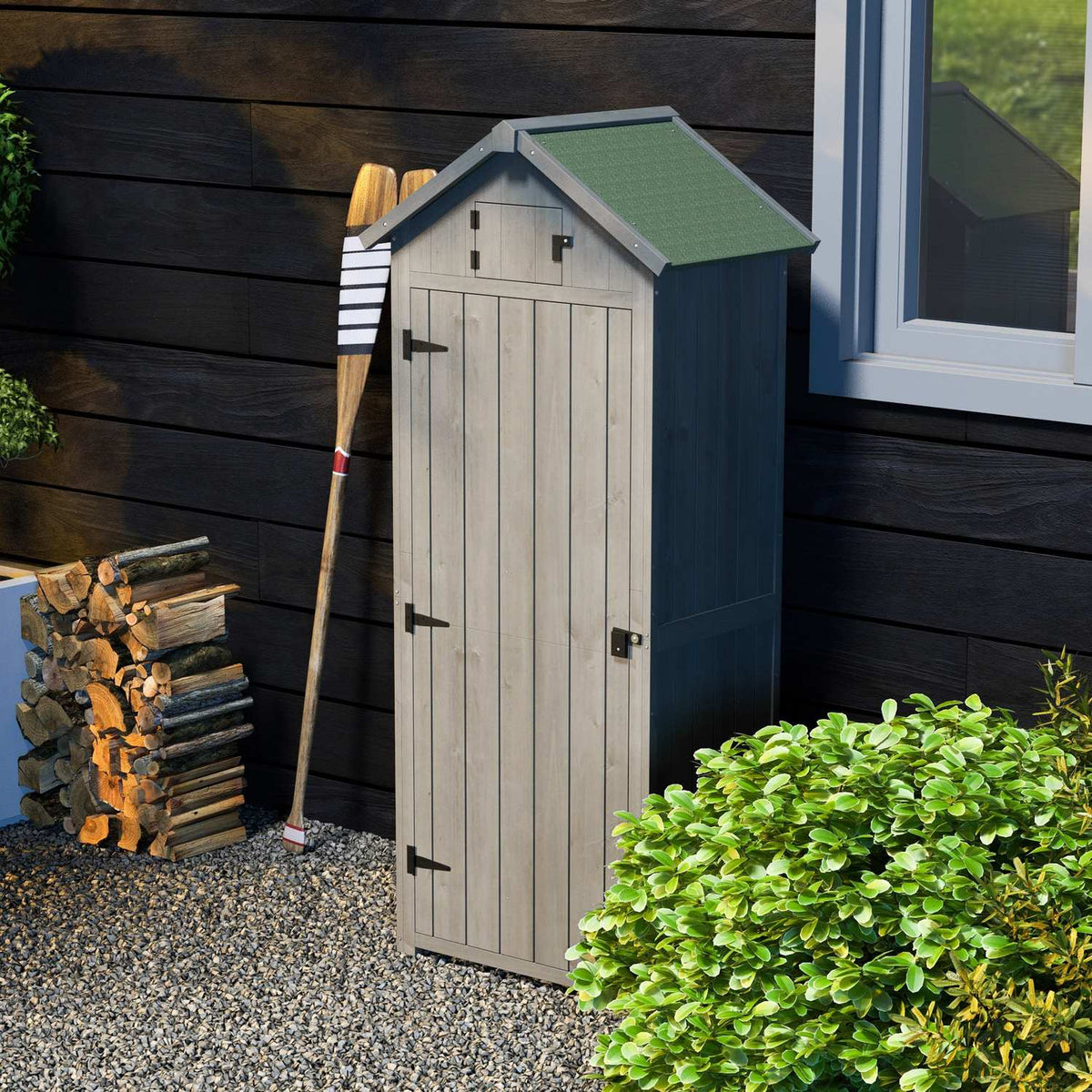 Garden cupboard, garden shed, tool shed, tool shed with shelves, asphalt roof, window, wood, grey+green, 77 x 54.2 x 179 cm