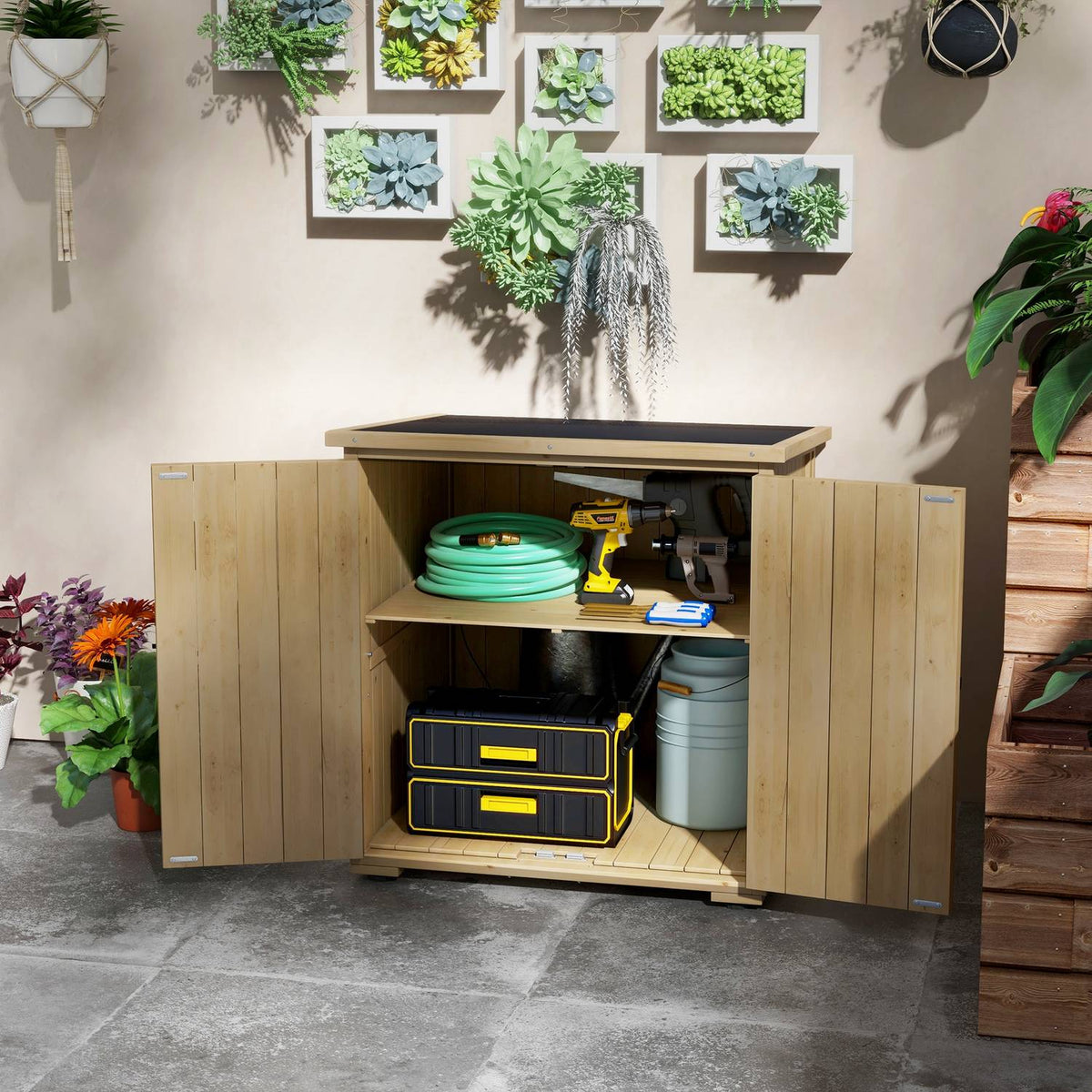 Garden cupboard, tool cupboard, weatherproof tool shed, wooden cupboard with double door, garden shed, natural, 77.5 x 88 x 90 cm