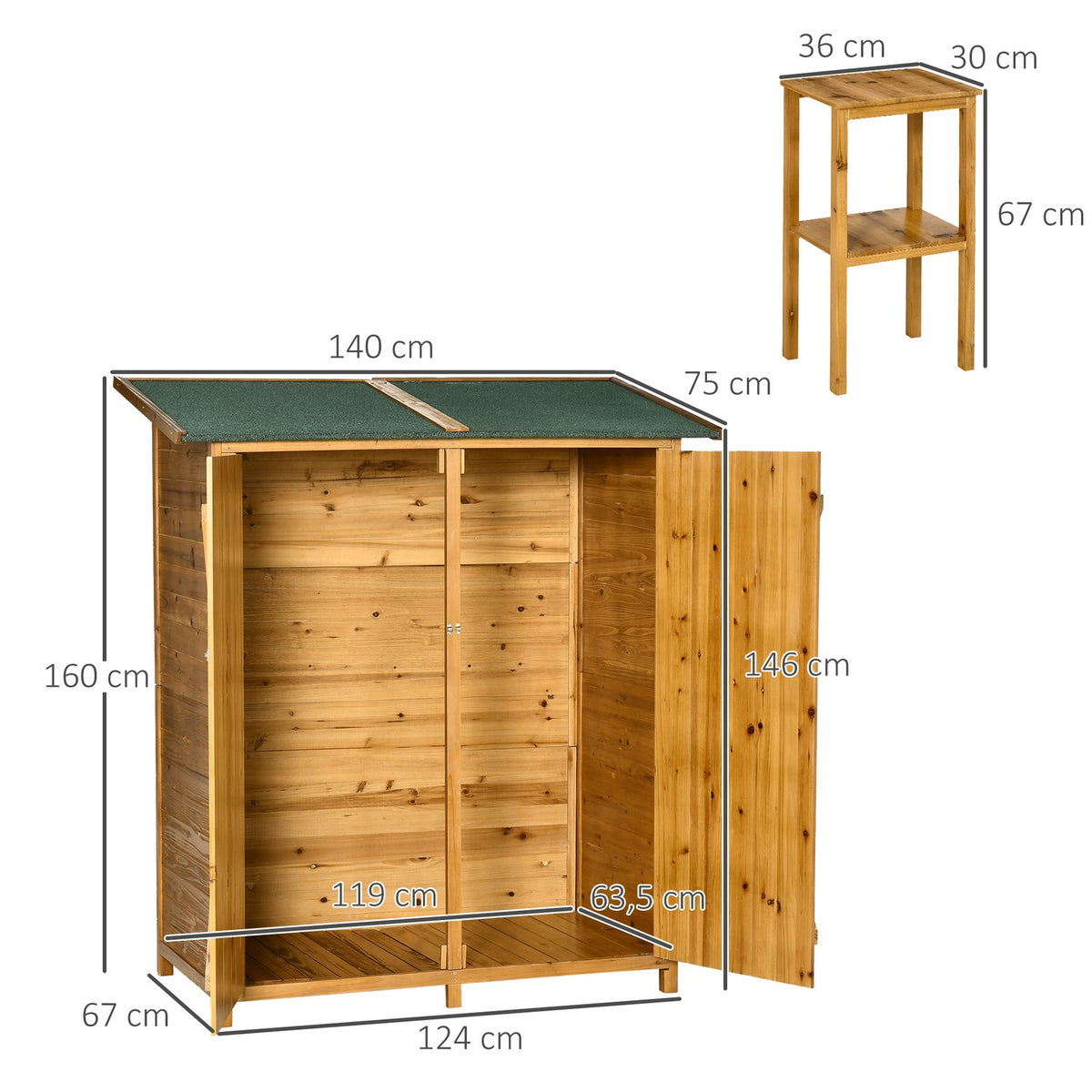 Garden cupboard, tool shed with 2 doors, tool cupboard with asphalt roof, ground nails, garden storage cupboard, fir wood, 140 x 75 x 157 cm