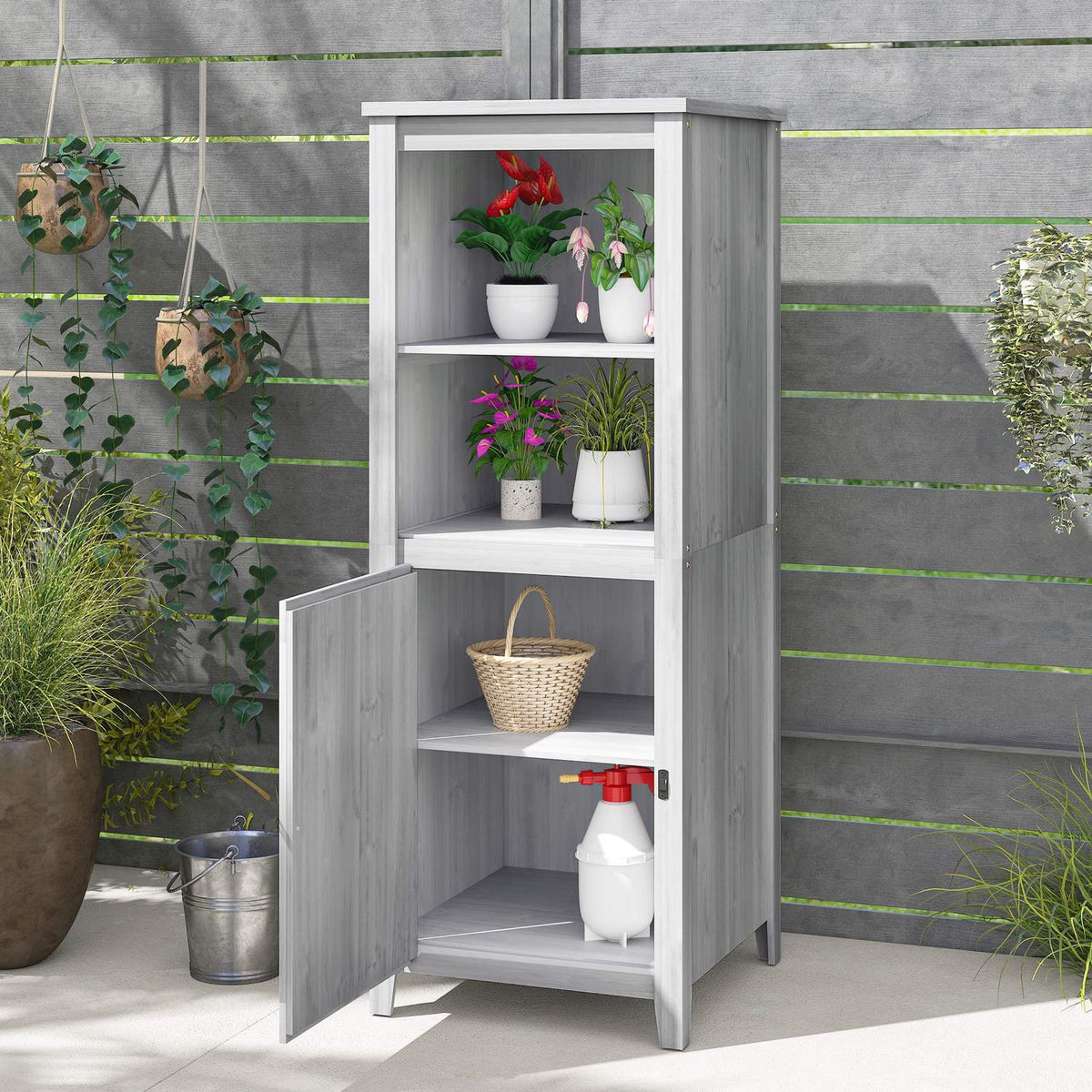 Garden cupboard wooden, tool shed weatherproof 60x60x160cm, tool shed with door, height-adjustable shelves, lockable tool cupboard, garden shed for garden, terrace, backyard, light gray |
