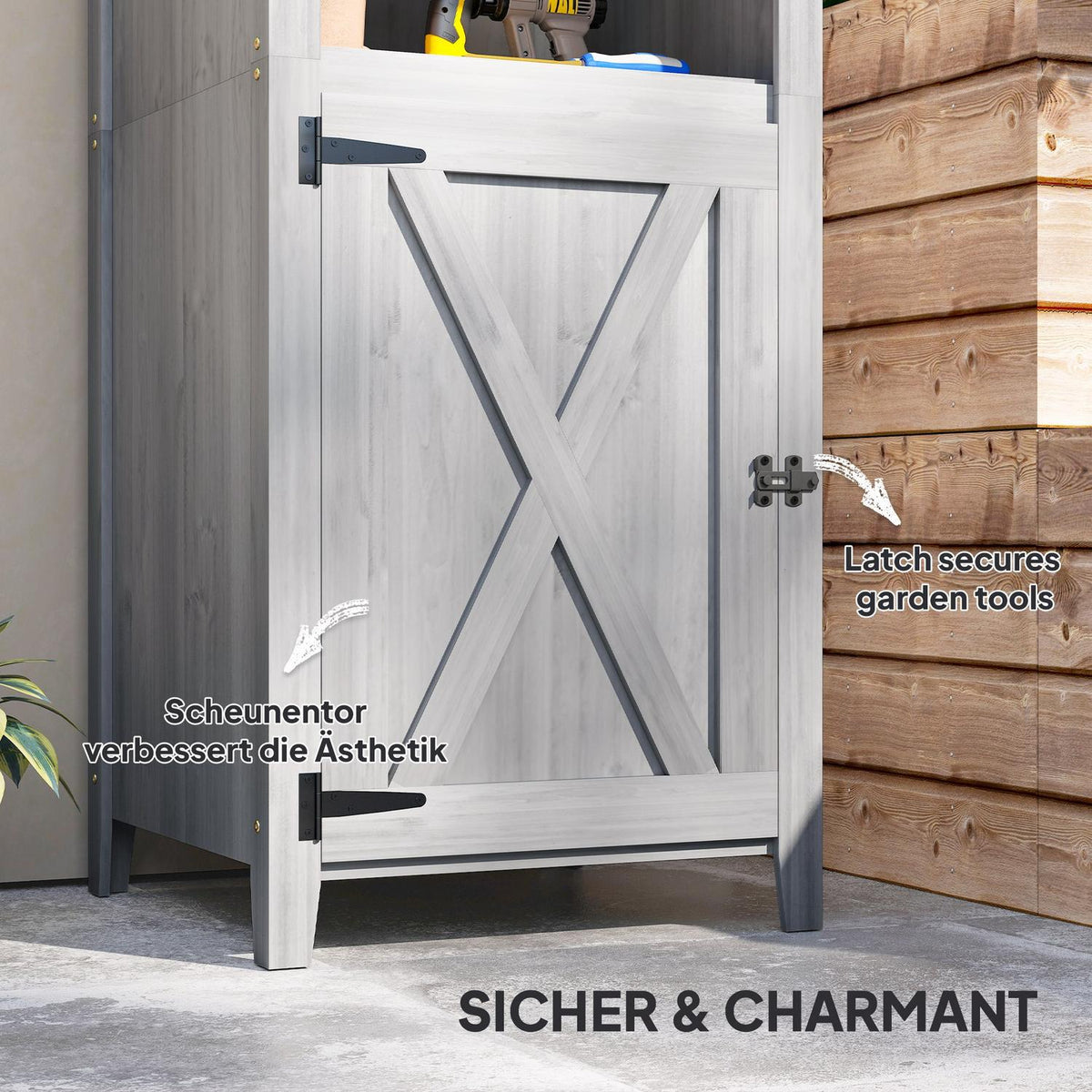 Garden cupboard wooden, tool shed weatherproof 60x60x160cm, tool shed with door, height-adjustable shelves, lockable tool cupboard, garden shed for garden, terrace, backyard, light gray |