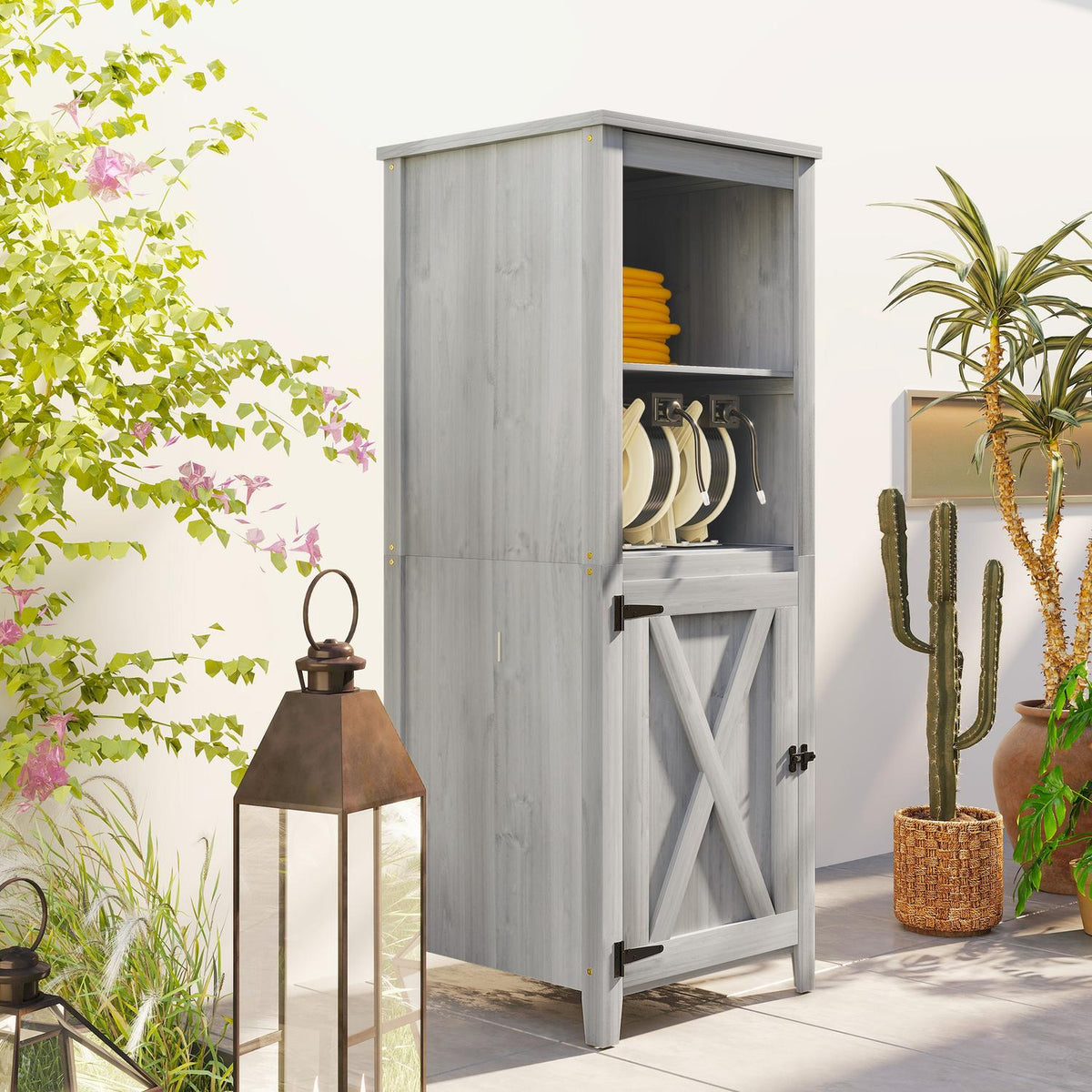 Garden cupboard wooden, tool shed weatherproof 60x60x160cm, tool shed with door, height-adjustable shelves, lockable tool cupboard, garden shed for garden, terrace, backyard, light gray |