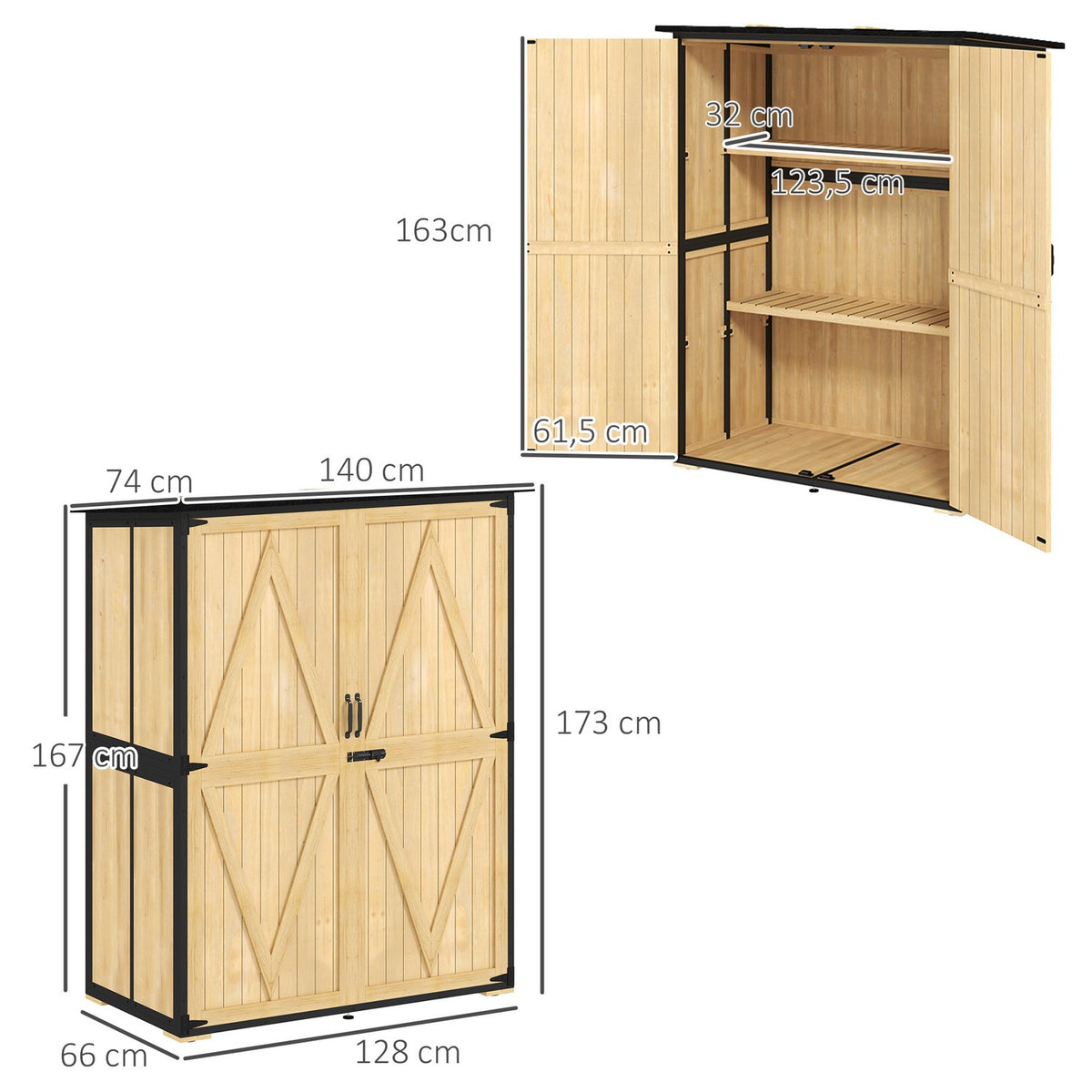 Garden cupboard, wooden tool shed, weatherproof tool cupboard with 2 doors, shelves, tool house with asphalt roof, tool cupboard for garden, terrace, 140 x 74 x 173 cm, natural wood |
