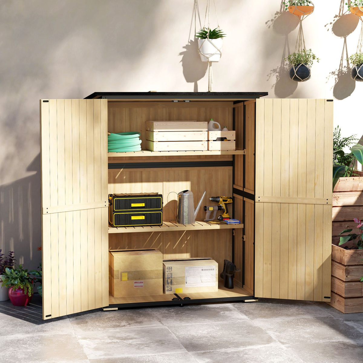 Garden cupboard, wooden tool shed, weatherproof tool cupboard with 2 doors, shelves, tool house with asphalt roof, tool cupboard for garden, terrace, 140 x 74 x 173 cm, natural wood |