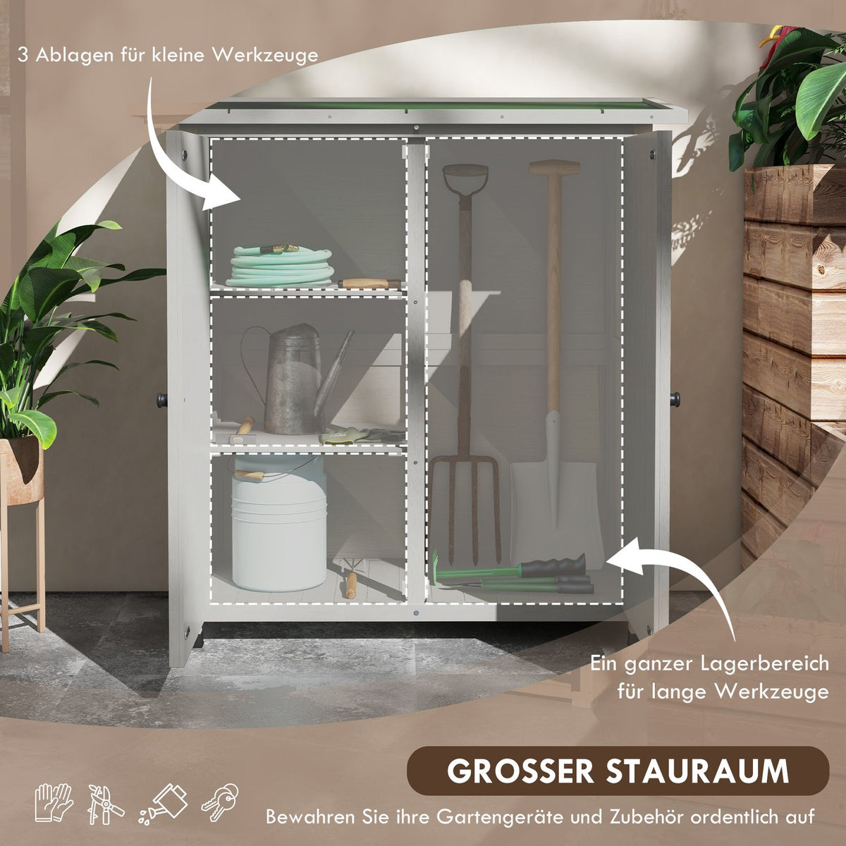Garden cupboard, wooden tool shed, weatherproof tool cupboard with 2 doors, tool house with asphalt roof, tool cupboard for garden, terrace, 110 x 55 x 117 cm, light gray