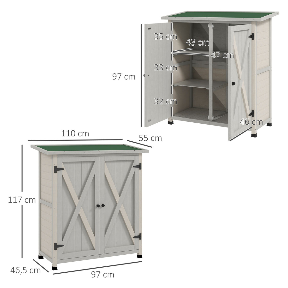 Garden cupboard, wooden tool shed, weatherproof tool cupboard with 2 doors, tool house with asphalt roof, tool cupboard for garden, terrace, 110 x 55 x 117 cm, light gray