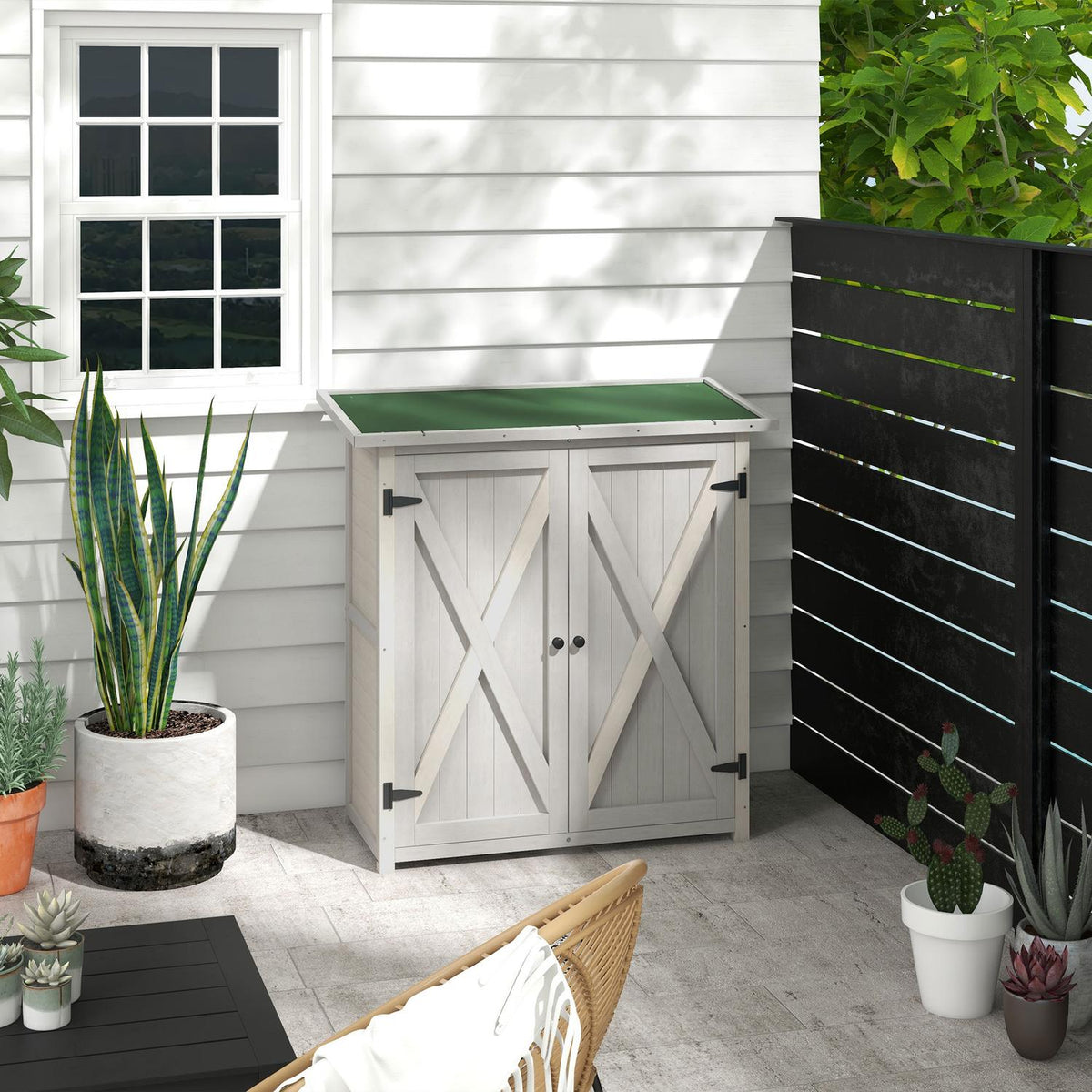 Garden cupboard, wooden tool shed, weatherproof tool cupboard with 2 doors, tool house with asphalt roof, tool cupboard for garden, terrace, 110 x 55 x 117 cm, light gray