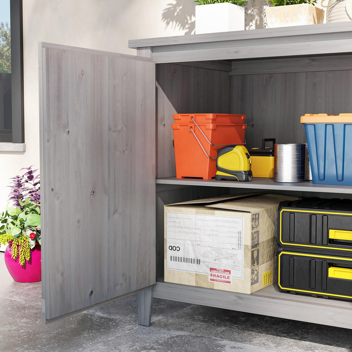 Garden cupboard wood, tool shed weatherproof 110x60x88.5cm, tool shed with door, folding roof, shelves, tool cupboard, garden shed tool cupboard garden shed for patio backyard, light gray |