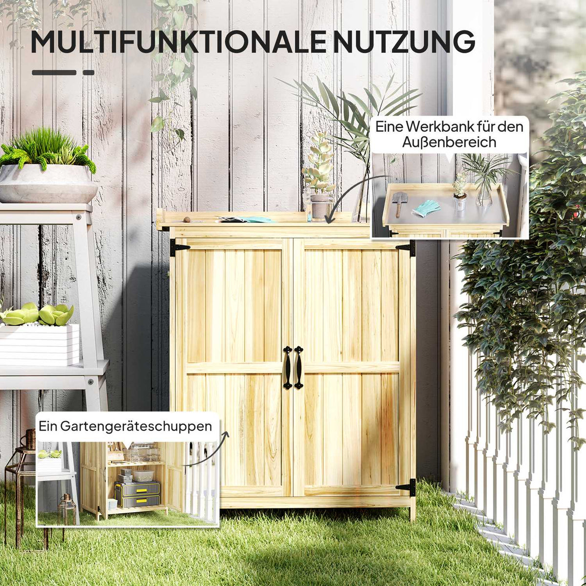 Garden cupboard wood, tool shed weatherproof 74x43x88cm, tool shed with folding roof shelves, work surface, tool cupboard, garden shed tool cupboard garden shed for garden, terrace, wood |