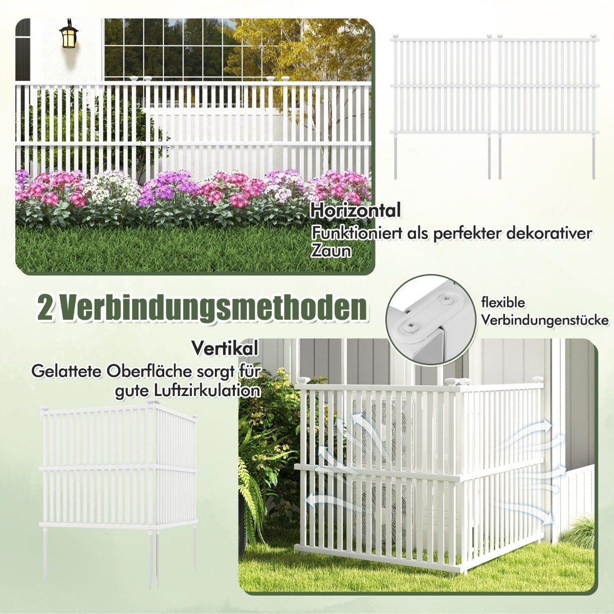 Garden fence, 2 parts, 114 cm high, fence with posts and protective caps, privacy fence, white