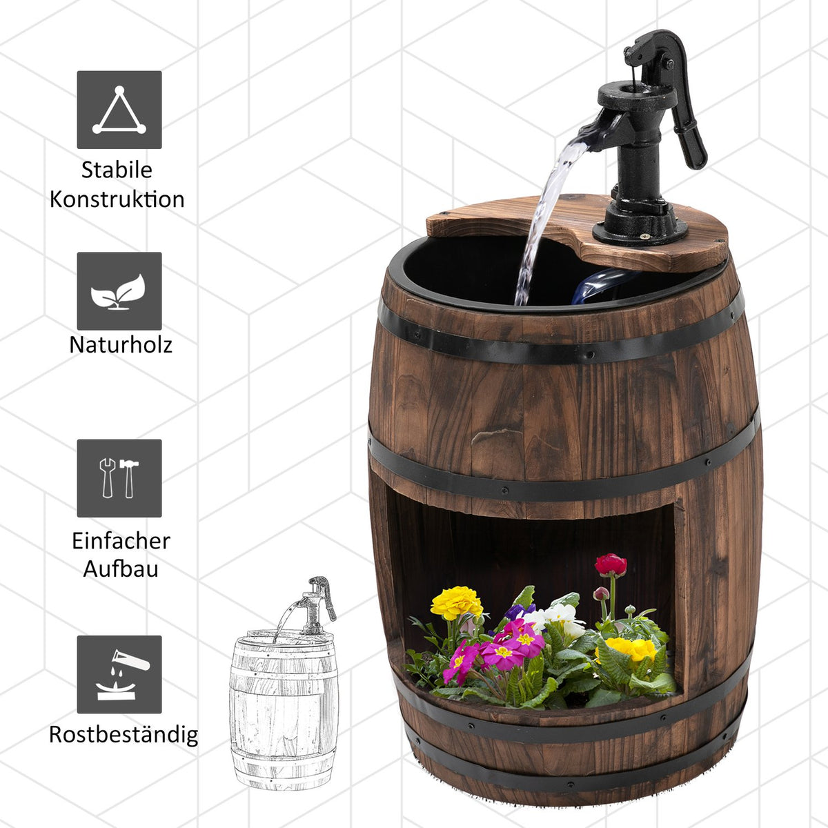 Garden fountain decorative fountain with waterfall made of fir wood and metal, dark brown, Ø32x58.5cm for garden & terrace