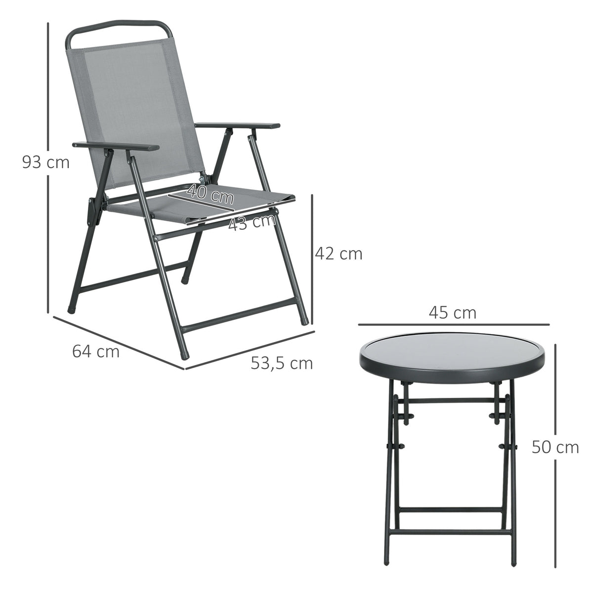 Garden furniture bistro set foldable with 1 table and 2 chairs, durable made of steel and mesh, 53.5 x 64 x 93 cm, light gray for balcony & terrace
