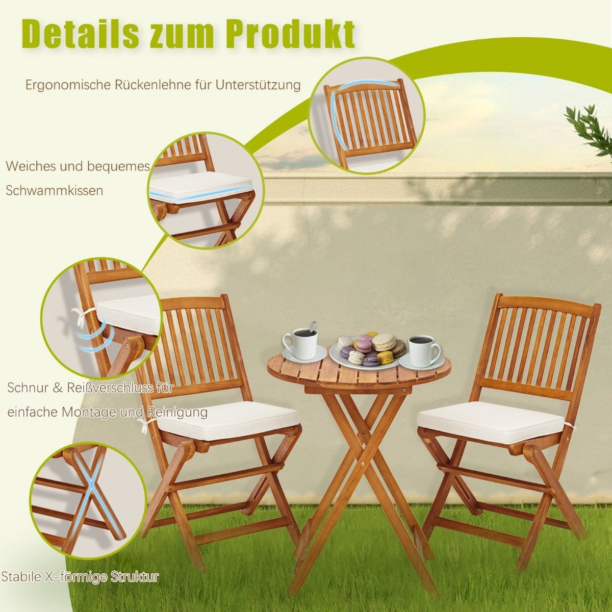 Garden furniture set 3-piece balcony furniture set with 2 chairs and round coffee table made of acacia wood, foldable bistro set for terrace, beige