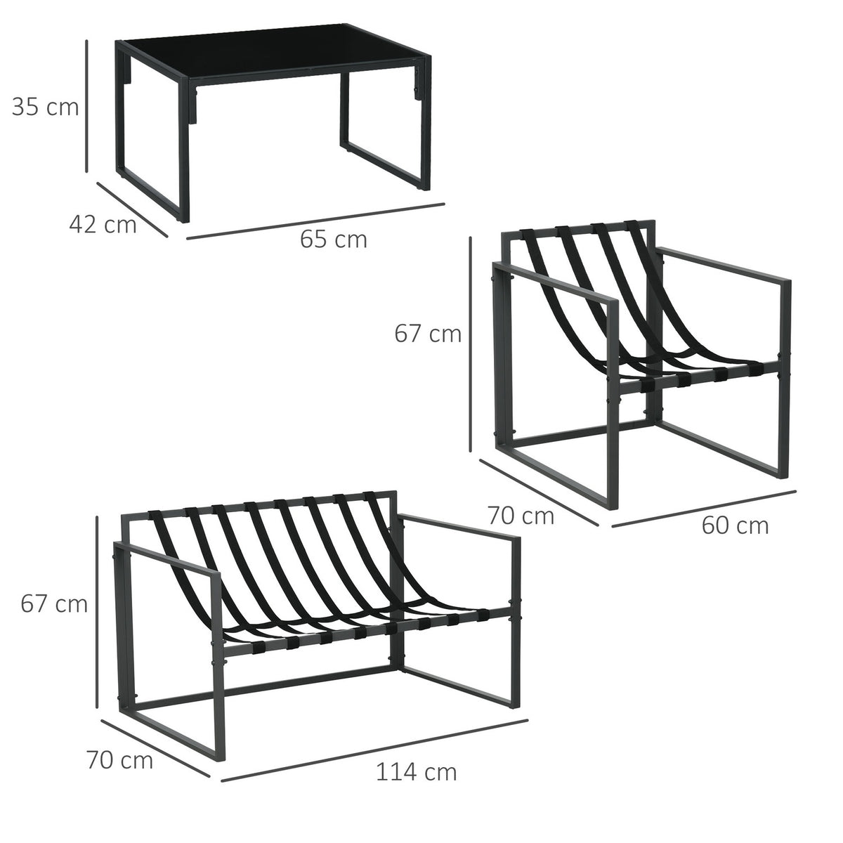 Garden furniture set 4 people with 2 seater sofa, 2 armchairs and 1 coffee table 3 cushions for patio garden - black steel, gray polyester