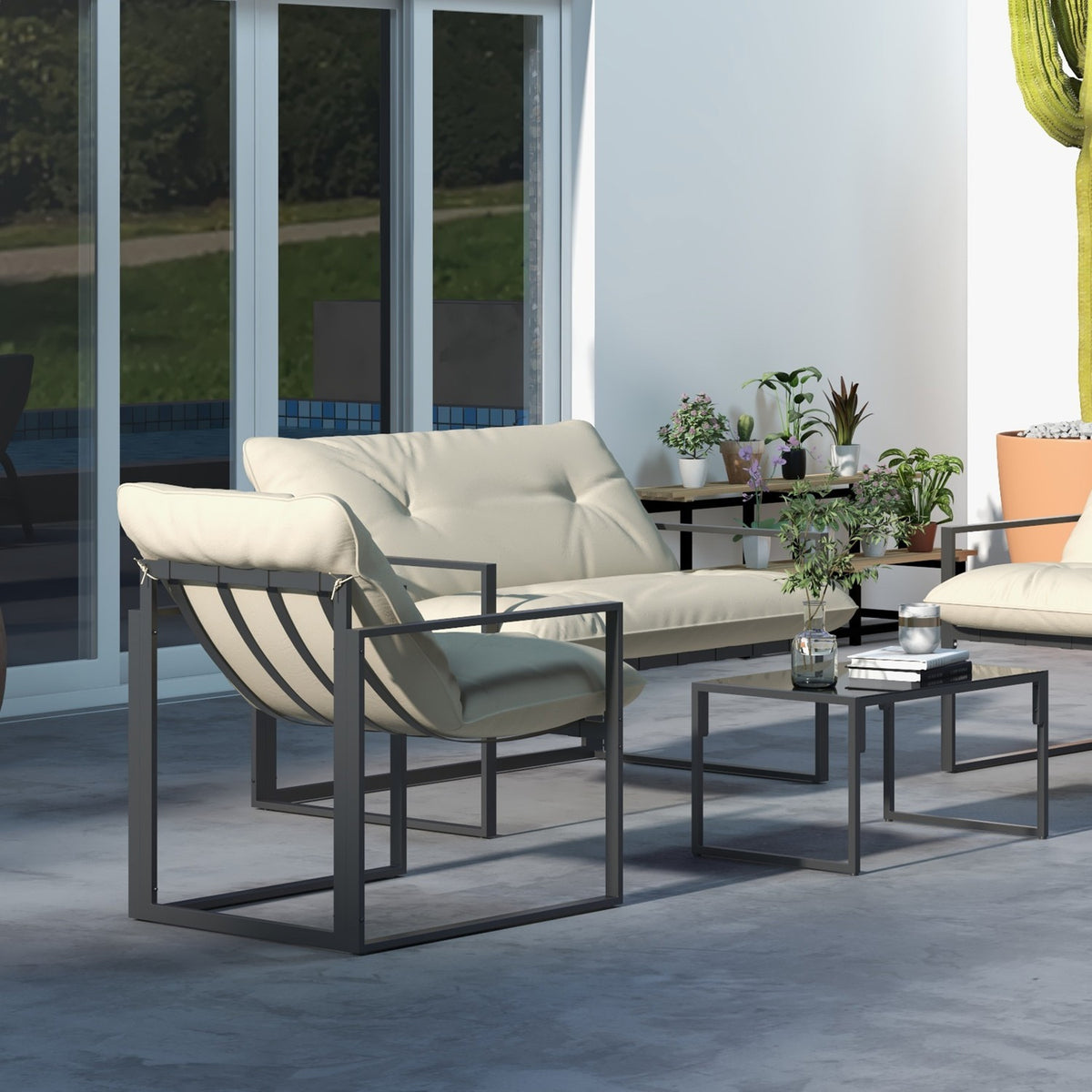 Garden furniture set 4 people with 2 seater sofa, 2 armchairs and 1 coffee table 3 cushions for patio garden - black steel, gray polyester