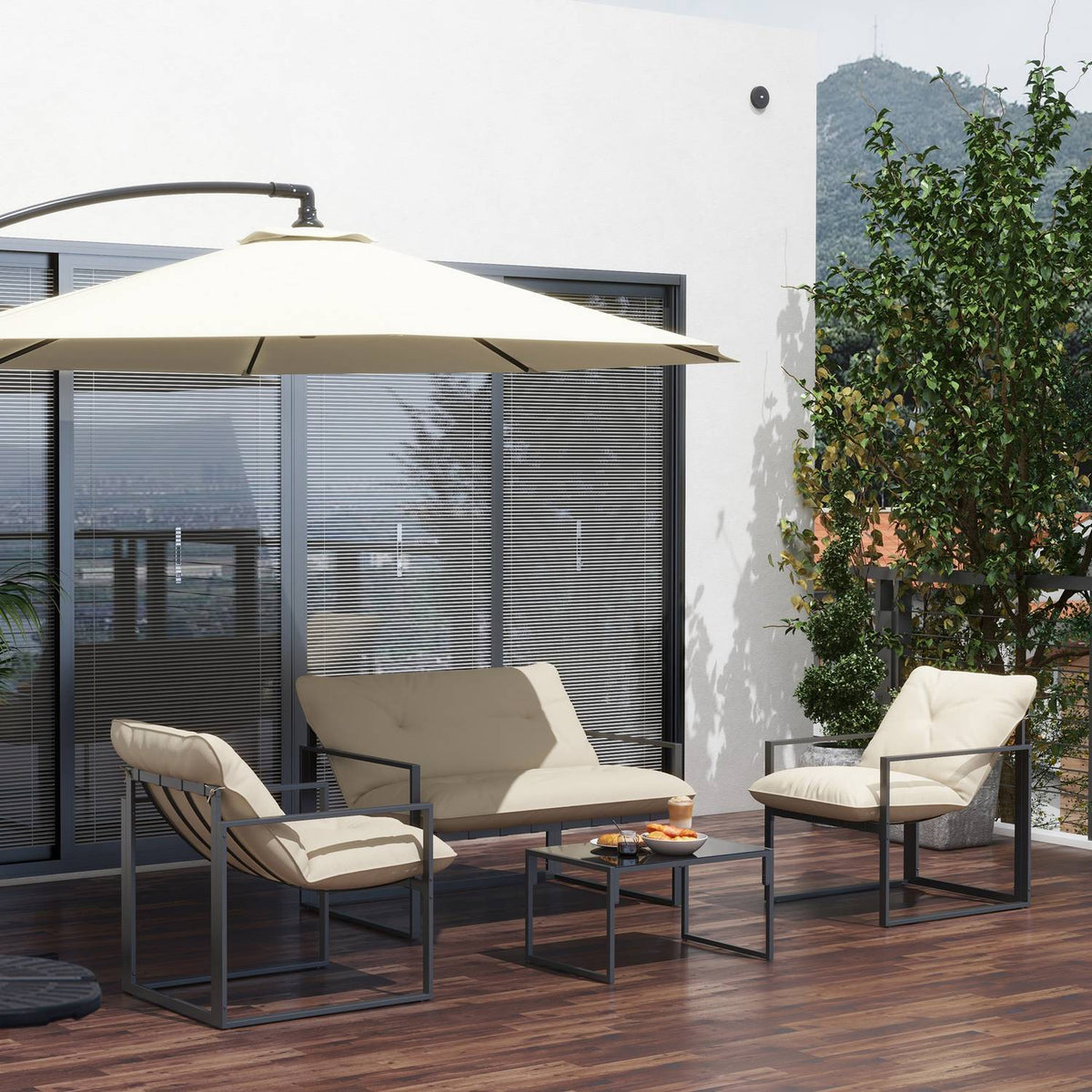 Garden furniture set 4 people with 2 seater sofa, 2 armchairs and 1 coffee table 3 cushions for patio garden - black steel, gray polyester