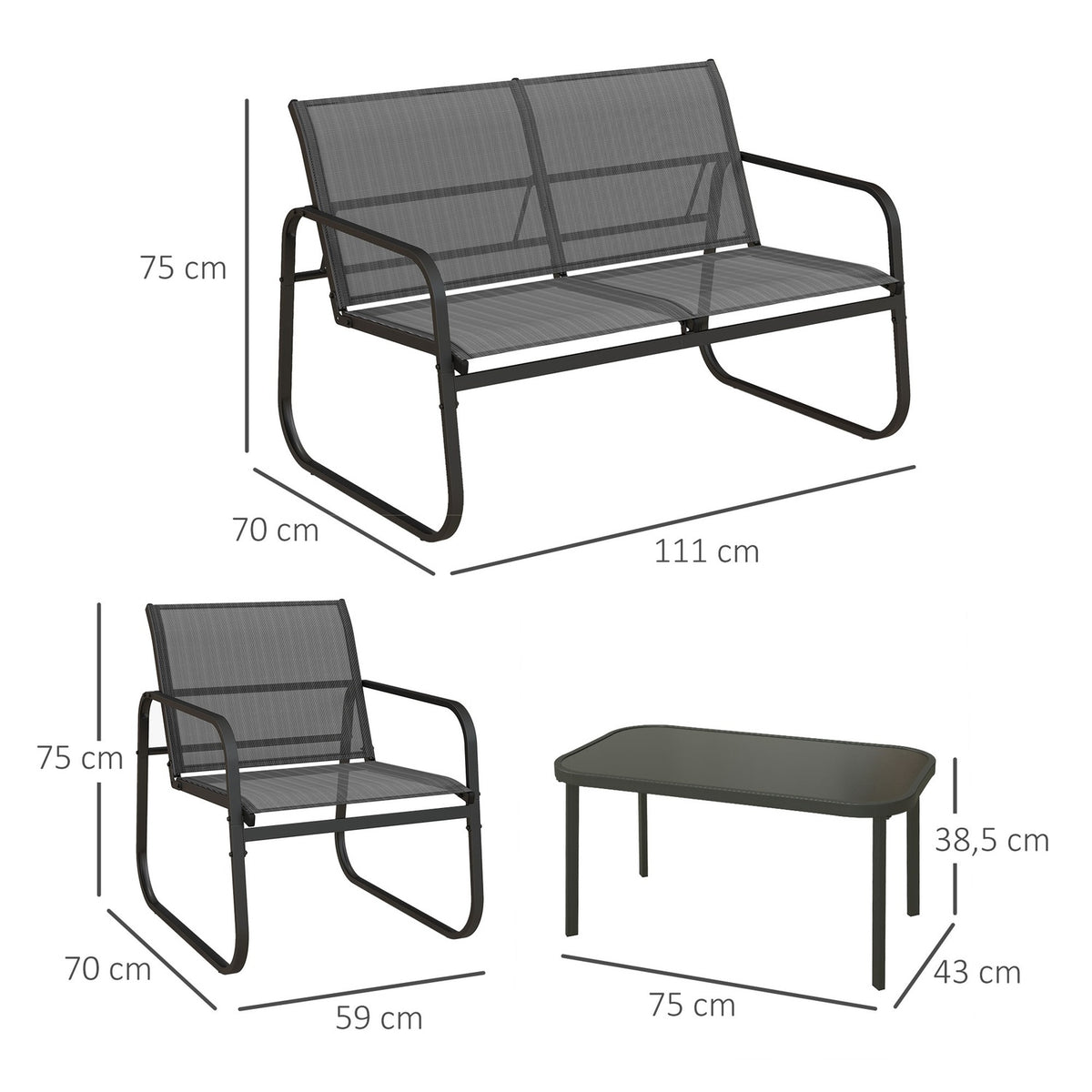 Garden furniture set 4 pieces. Garden set with 1 two-seater, 2 chairs, 1 coffee table, balcony furniture set made of black mesh for patio and garden