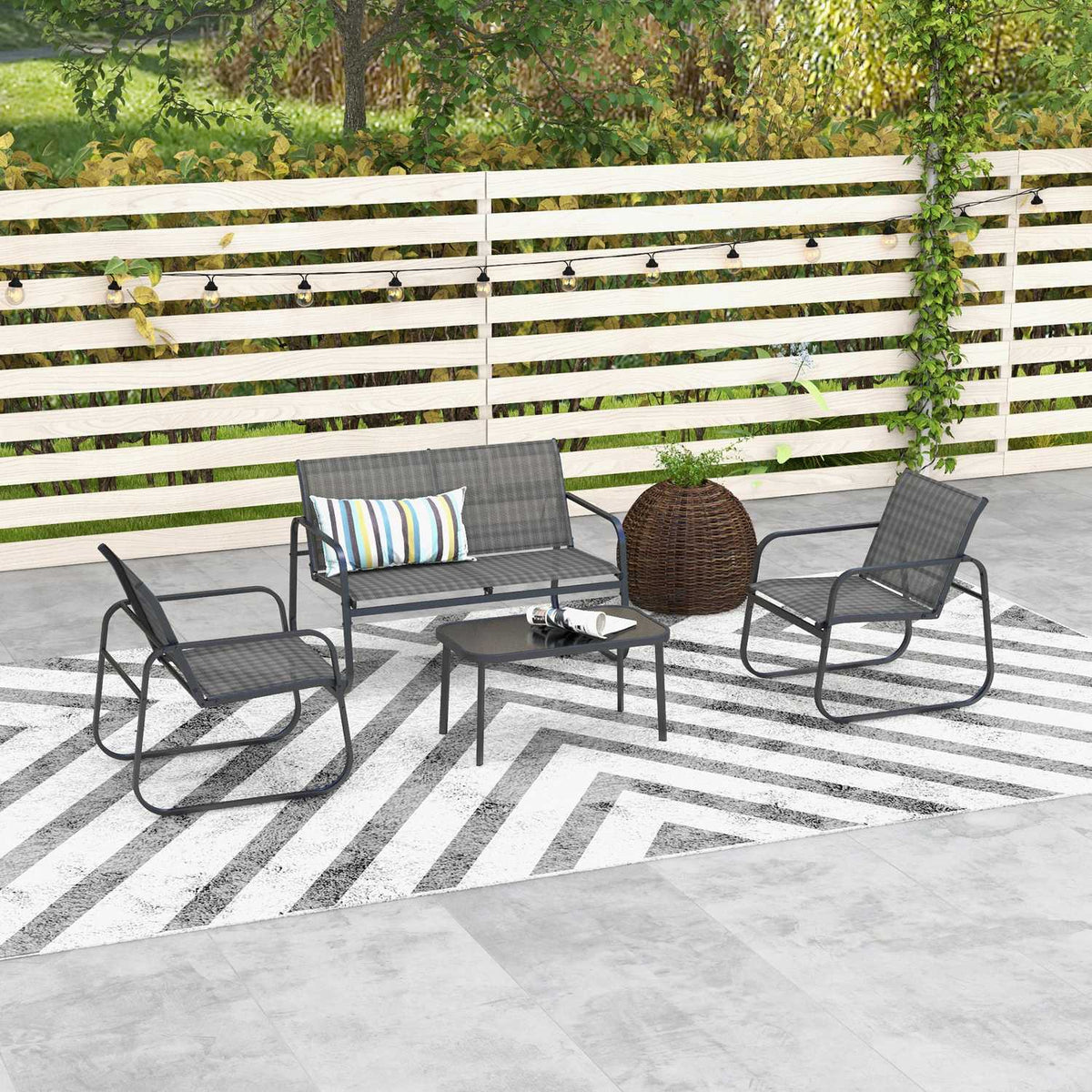 Garden furniture set 4 pieces. Garden set with 1 two-seater, 2 chairs, 1 coffee table, balcony furniture set made of black mesh for patio and garden