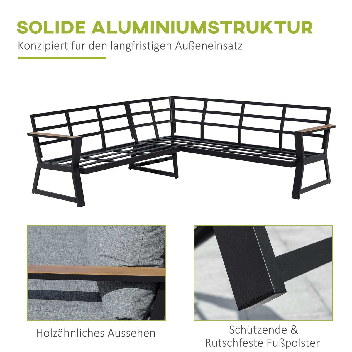 Garden furniture set for 4 people, L-shape sofa with cushions, side table, aluminum outdoor furniture gray |