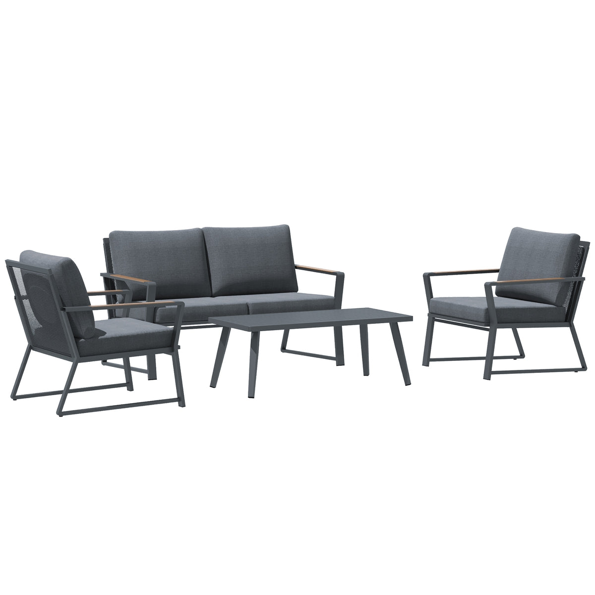 Garden furniture set for 4 people, sofa with armchair and side table, polyrattan & aluminum, gray, weatherproof & modern |