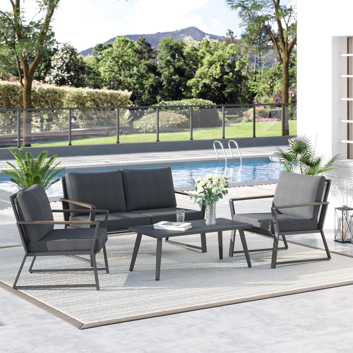 Garden furniture set for 4 people, sofa with armchair and side table, polyrattan & aluminum, gray, weatherproof & modern |