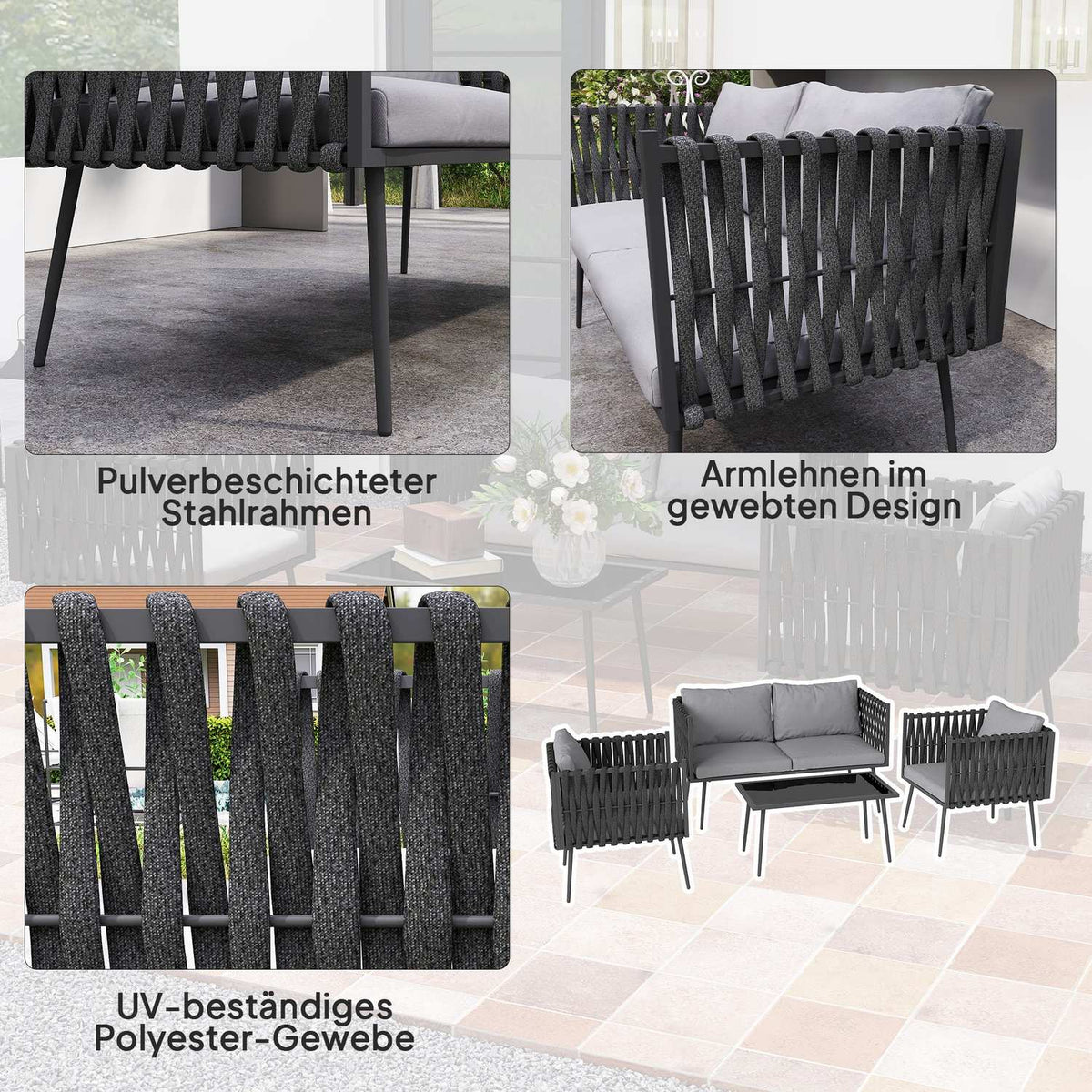 Garden furniture set for 4 people, weatherproof, balcony furniture set with 2-seater sofa, armchair, glass table, seat cushion, light grey