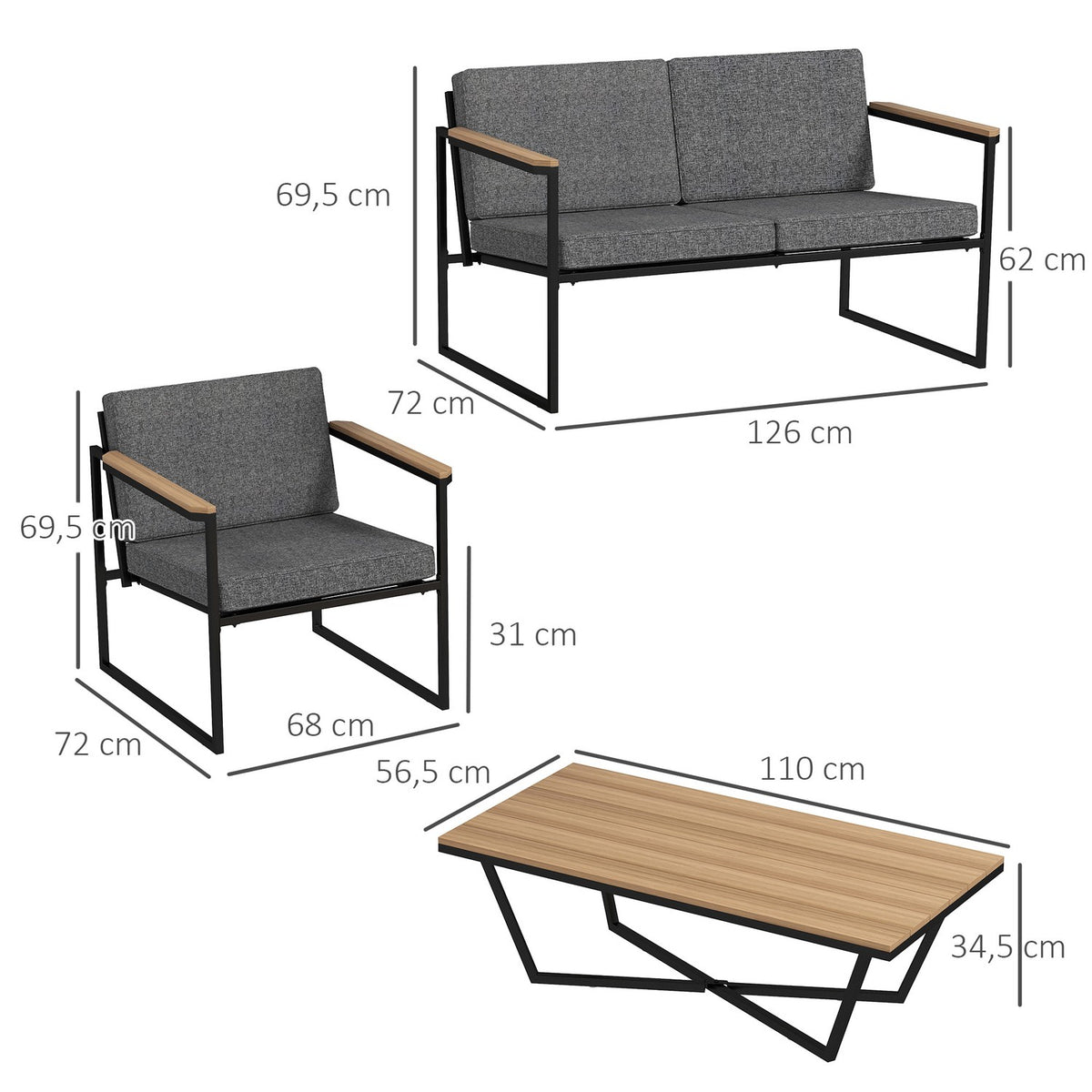 Garden furniture set for 4 people, weatherproof balcony furniture set with 2 sofas, 2 chairs, seat cushion, side table, outdoor seating group, patio furniture, garden set for garden, terrace, balcony, gray