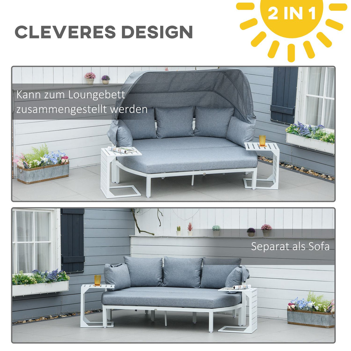 Garden furniture set for 5 people with side table and roof, cushions made of PP plastic and polyester, 190/133W x 81D x 73/62H cm, white and gray |