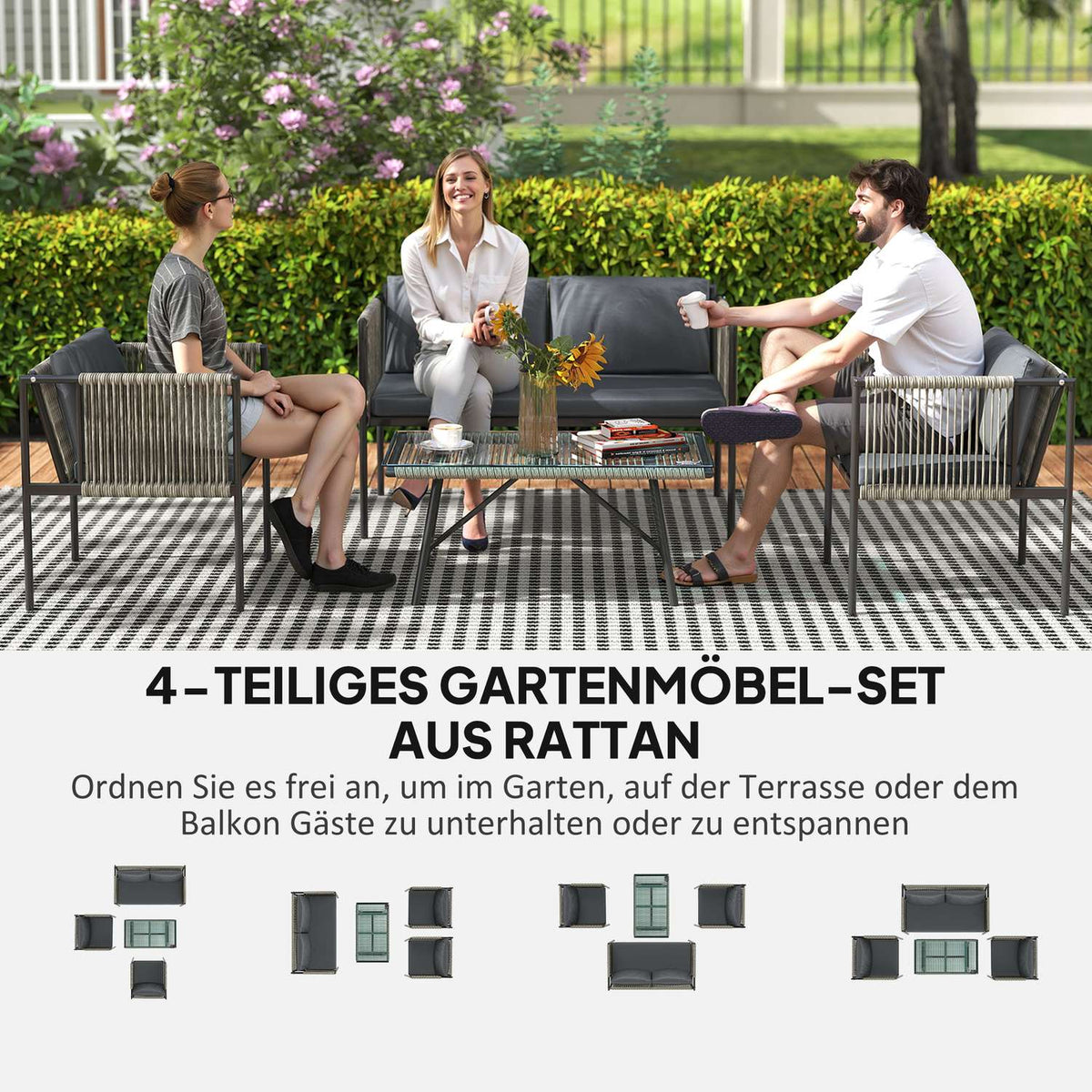Garden furniture set made of polyrattan lounge set with 2 sofa chairs glass table cushions weatherproof balcony furniture for 4 people outdoor seating group patio furniture for garden balcony gray |