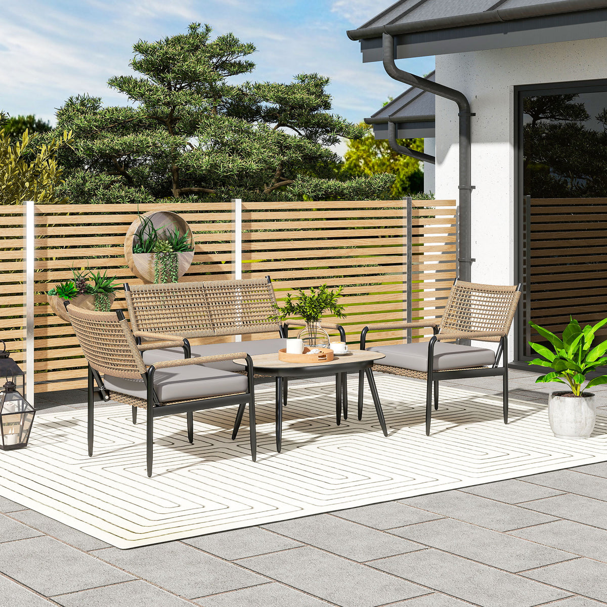 Garden furniture set made of polyrattan lounge set with 2 sofa chairs glass table cushions weatherproof seating group for 4 people outdoor balcony furniture set patio furniture for garden balcony dark gray + yellow |